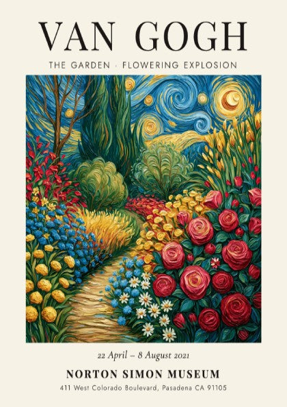 Van Gogh inspired poster of a colorful garden in bloom with vibrant flowers and swirling patterns