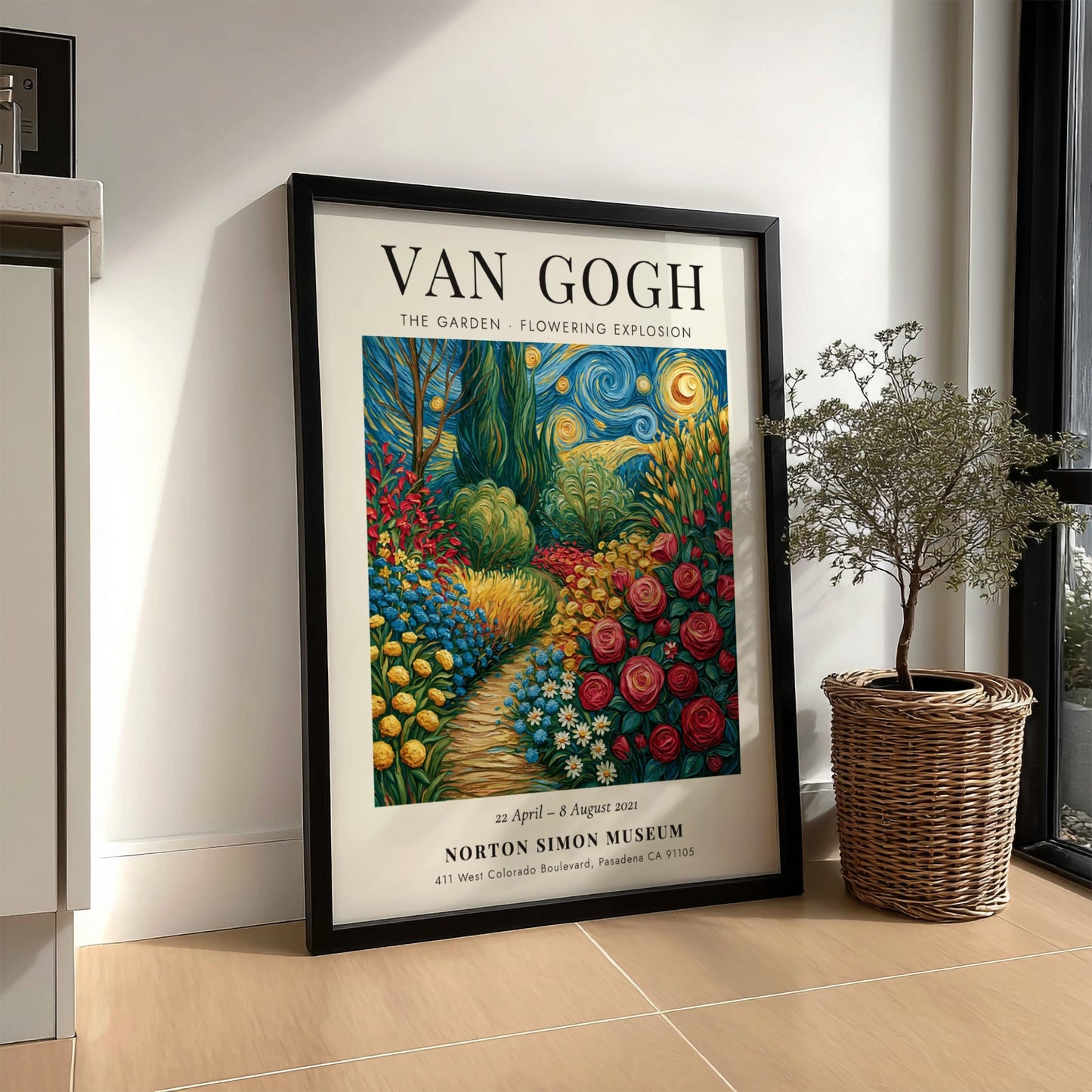 Van Gogh inspired poster of a colorful garden in bloom with vibrant flowers and swirling patterns