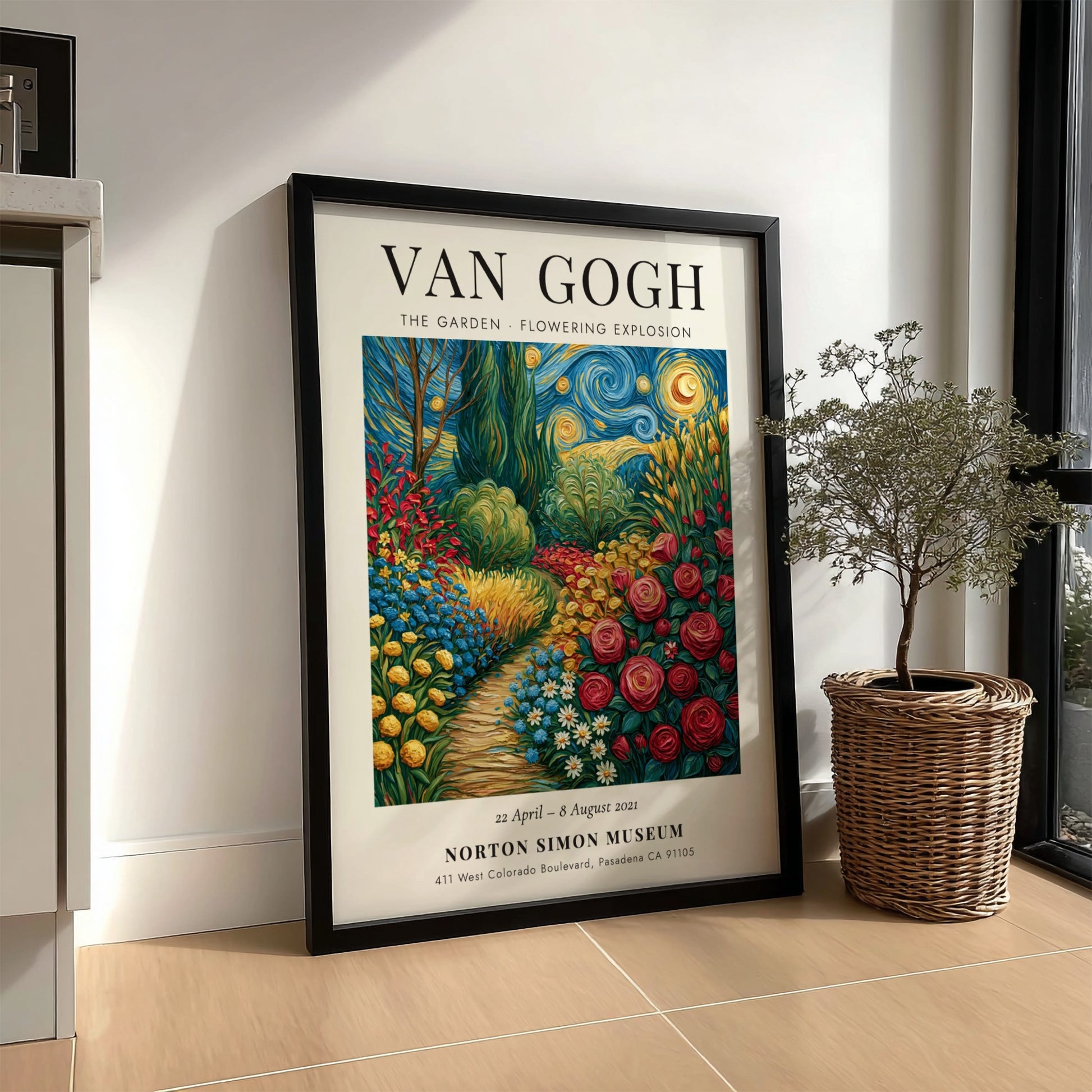 Van Gogh inspired poster of a colorful garden in bloom with vibrant flowers and swirling patterns