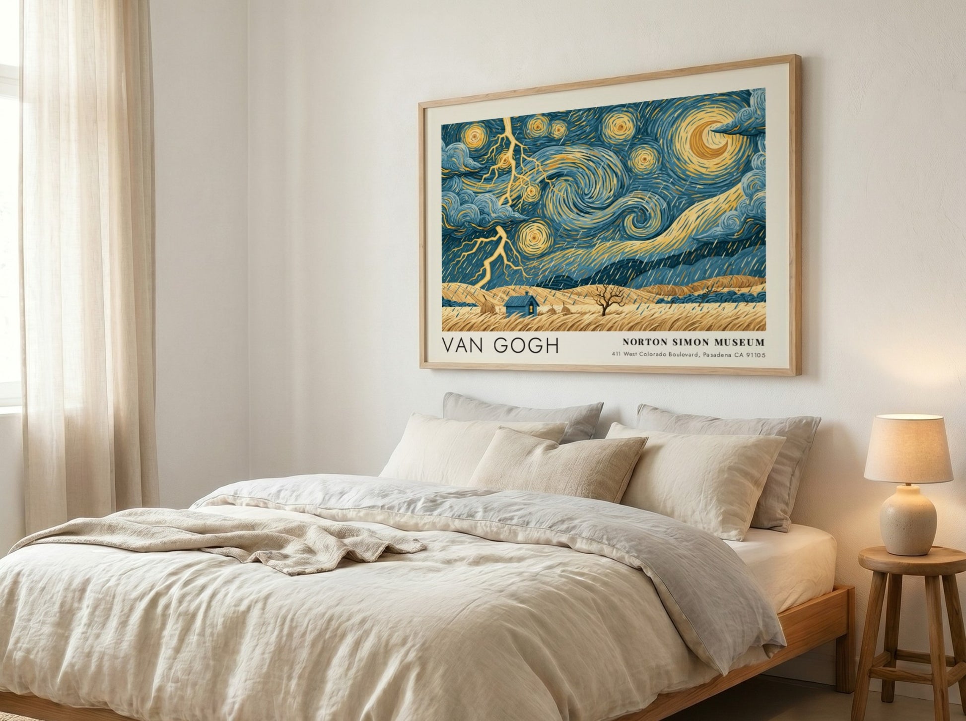 Van Gogh wall art print featuring swirling blue skies and vibrant flowers in a dynamic landscape