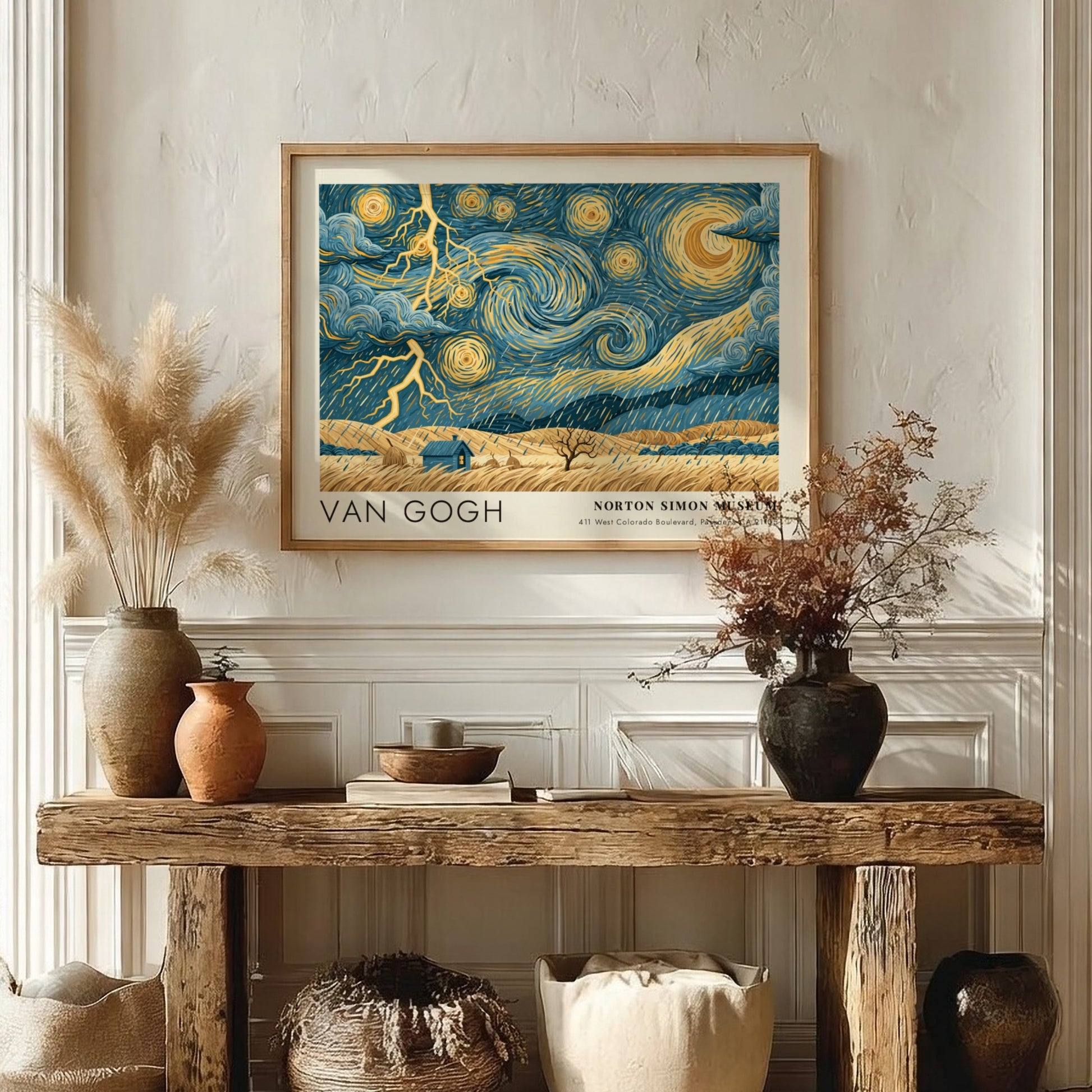 Van Gogh wall art print featuring swirling blue skies and vibrant flowers in a dynamic landscape