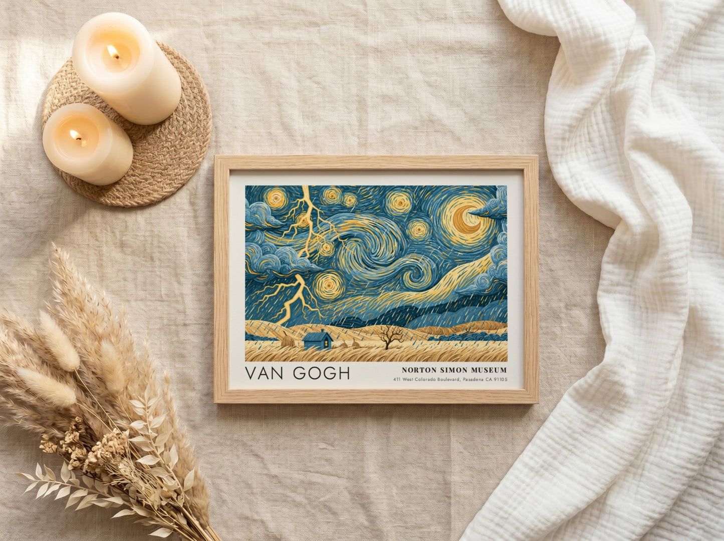 Van Gogh wall art print featuring swirling blue skies and vibrant flowers in a dynamic landscape