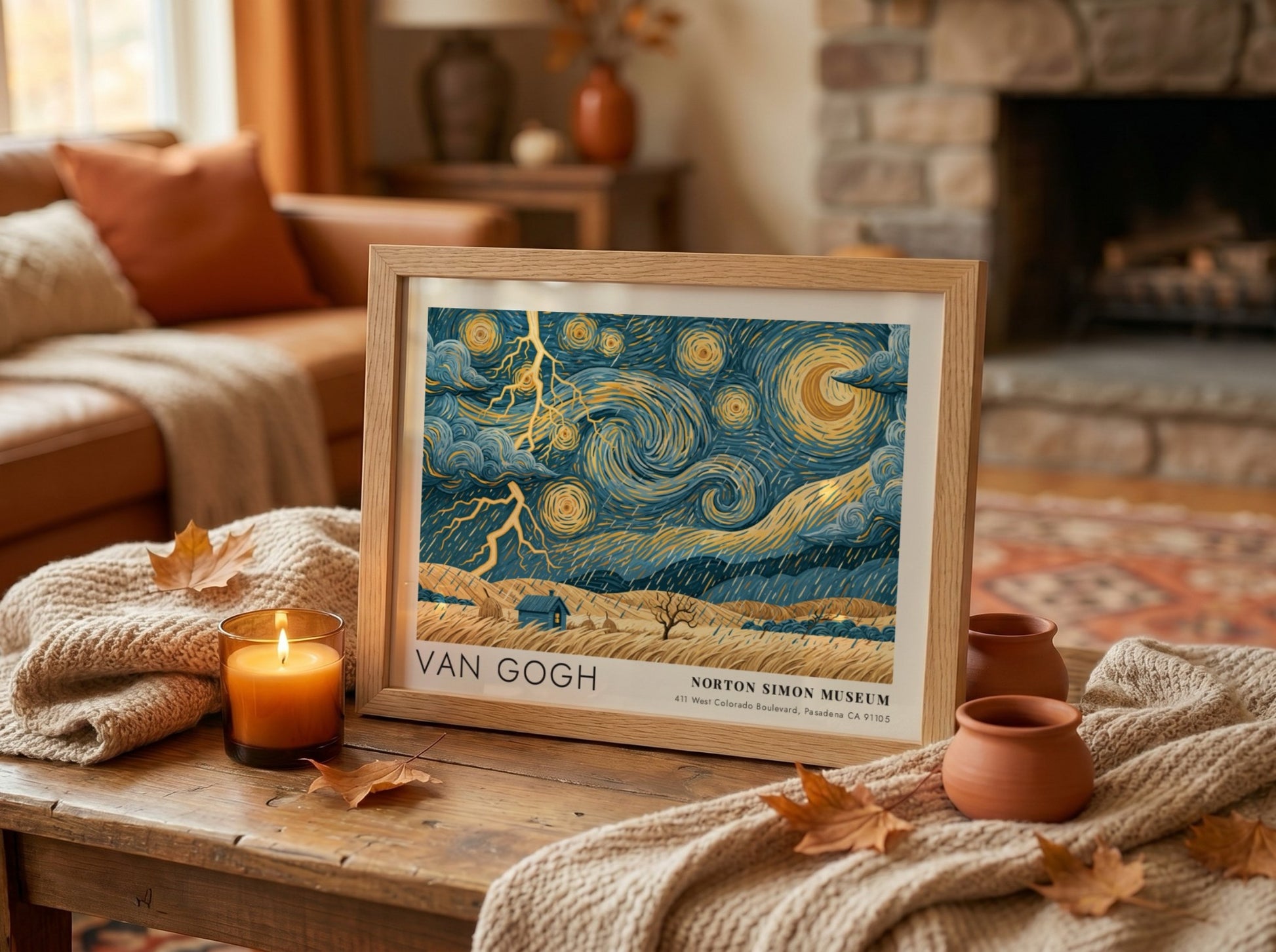 Van Gogh wall art print featuring swirling blue skies and vibrant flowers in a dynamic landscape