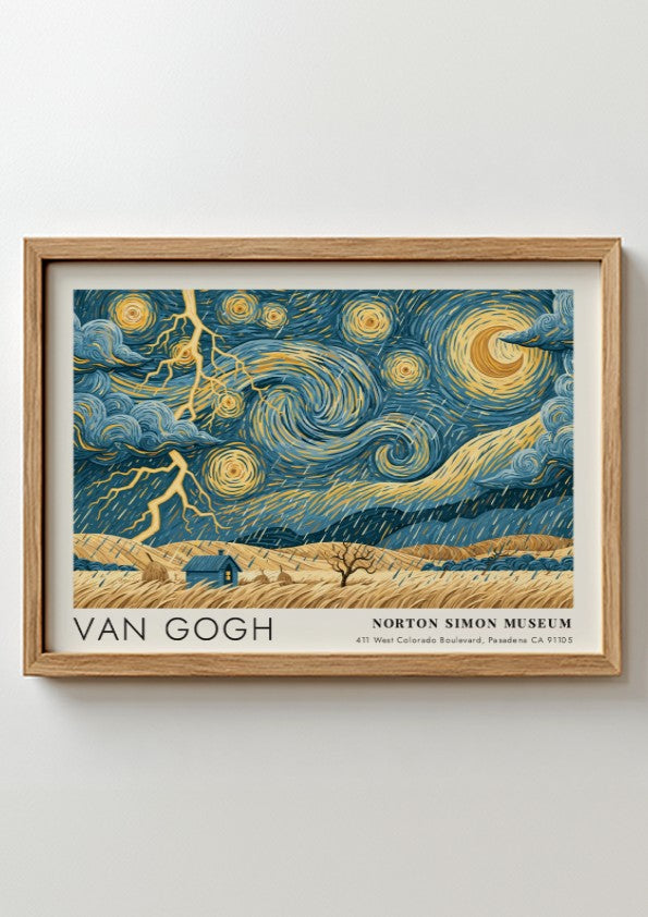 Van Gogh wall art print featuring swirling blue skies and vibrant flowers in a dynamic landscape