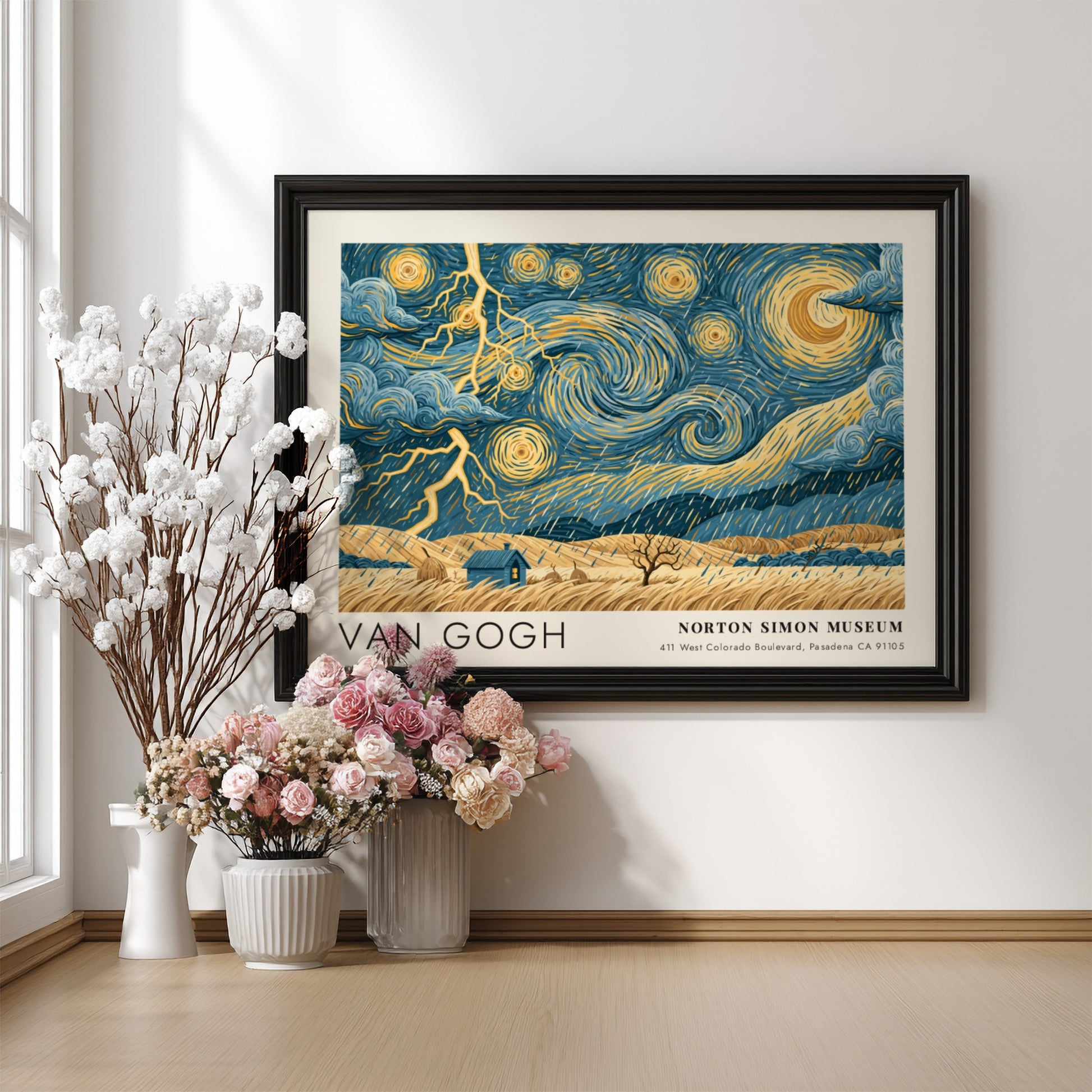 Van Gogh wall art print featuring swirling blue skies and vibrant flowers in a dynamic landscape