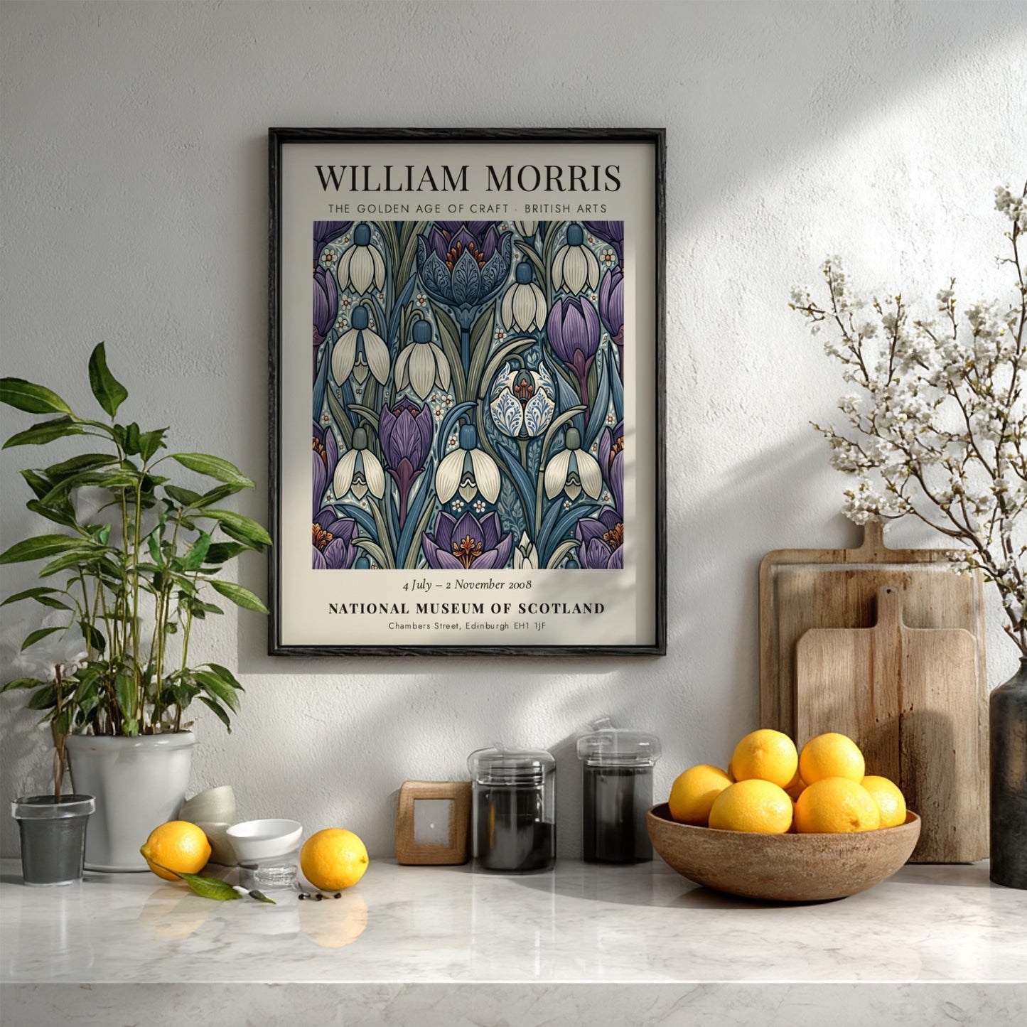William Morris poster featuring snowdrops and irises in purple and white, showcasing intricate craftsmanship
