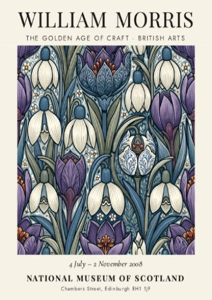 William Morris poster featuring snowdrops and irises in purple and white, showcasing intricate craftsmanship