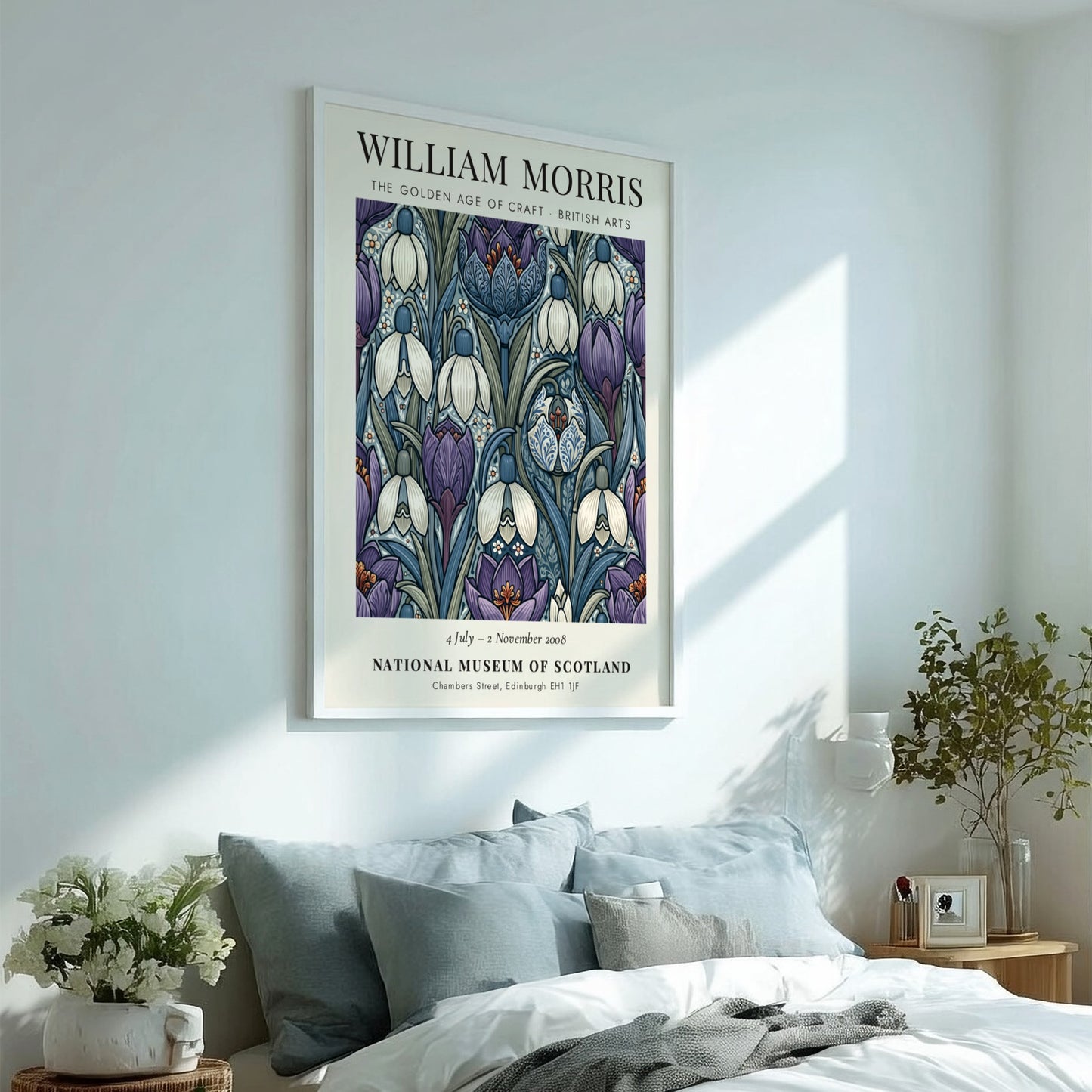 William Morris poster featuring snowdrops and irises in purple and white, showcasing intricate craftsmanship