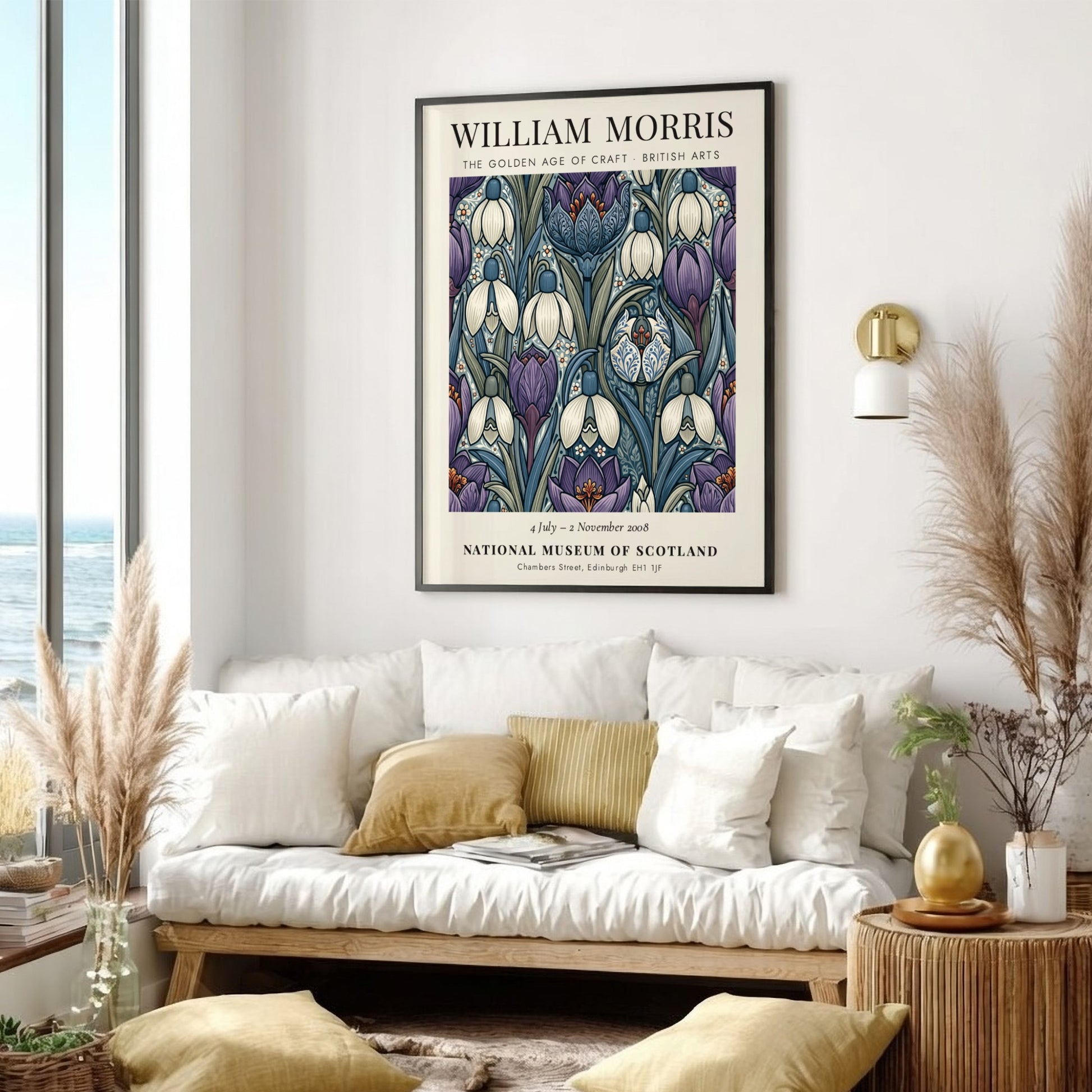 William Morris poster featuring snowdrops and irises in purple and white, showcasing intricate craftsmanship