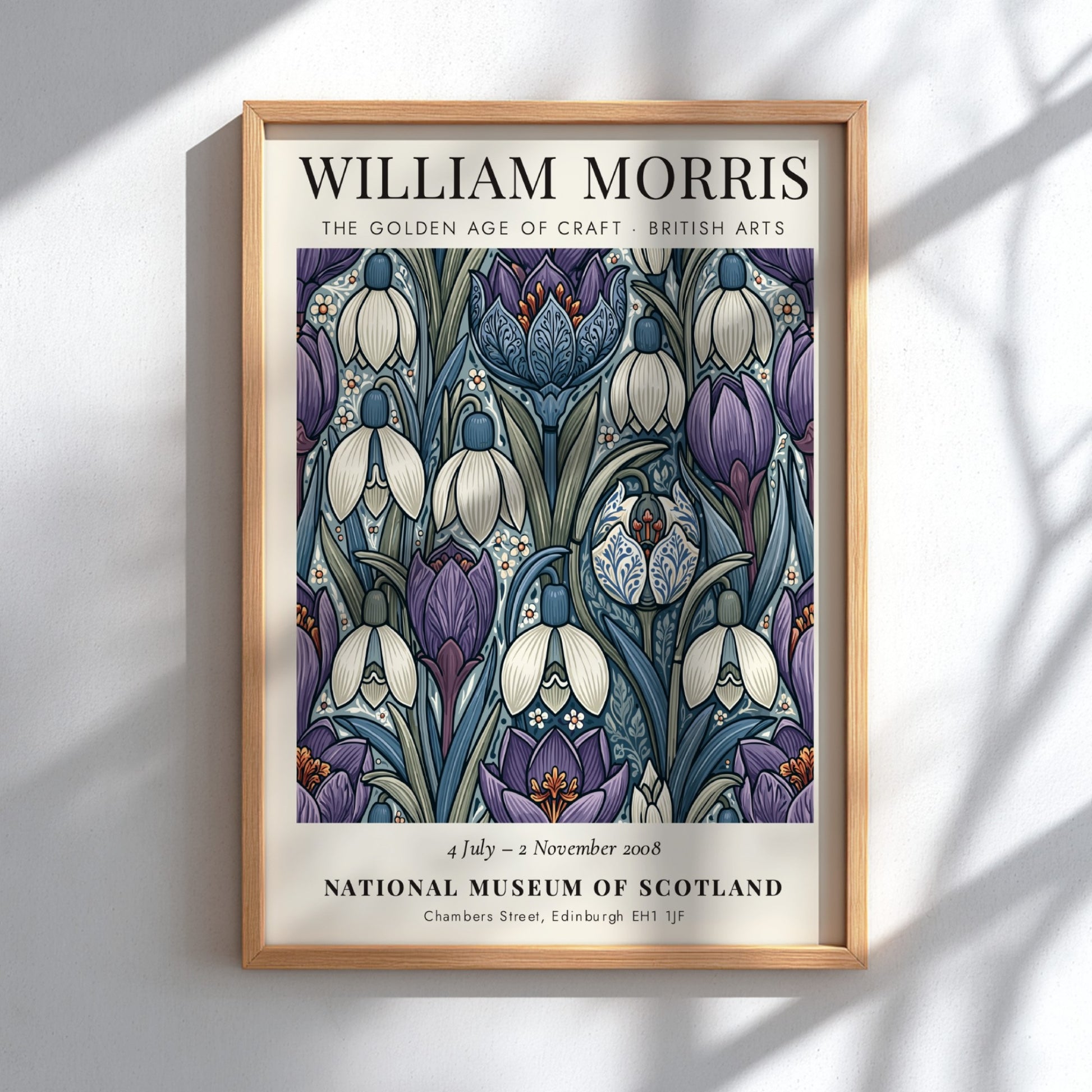 William Morris poster featuring snowdrops and irises in purple and white, showcasing intricate craftsmanship