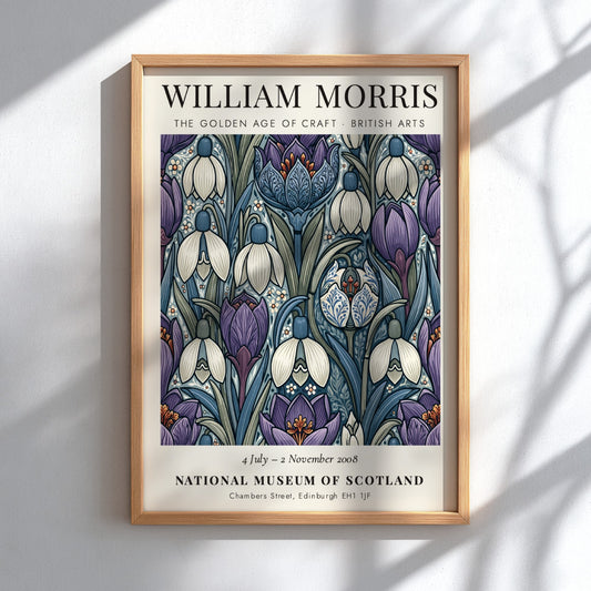 William Morris poster featuring snowdrops and irises in purple and white, showcasing intricate craftsmanship