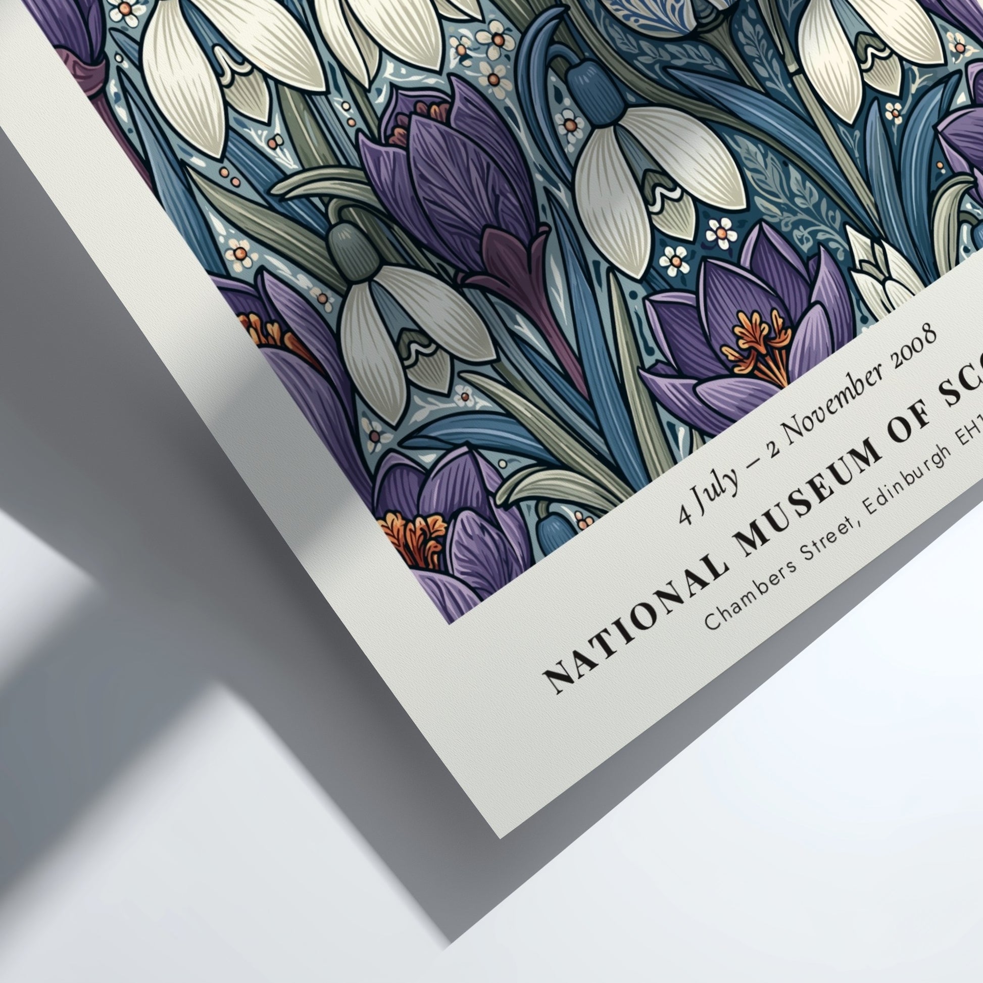 William Morris poster featuring snowdrops and irises in purple and white, showcasing intricate craftsmanship