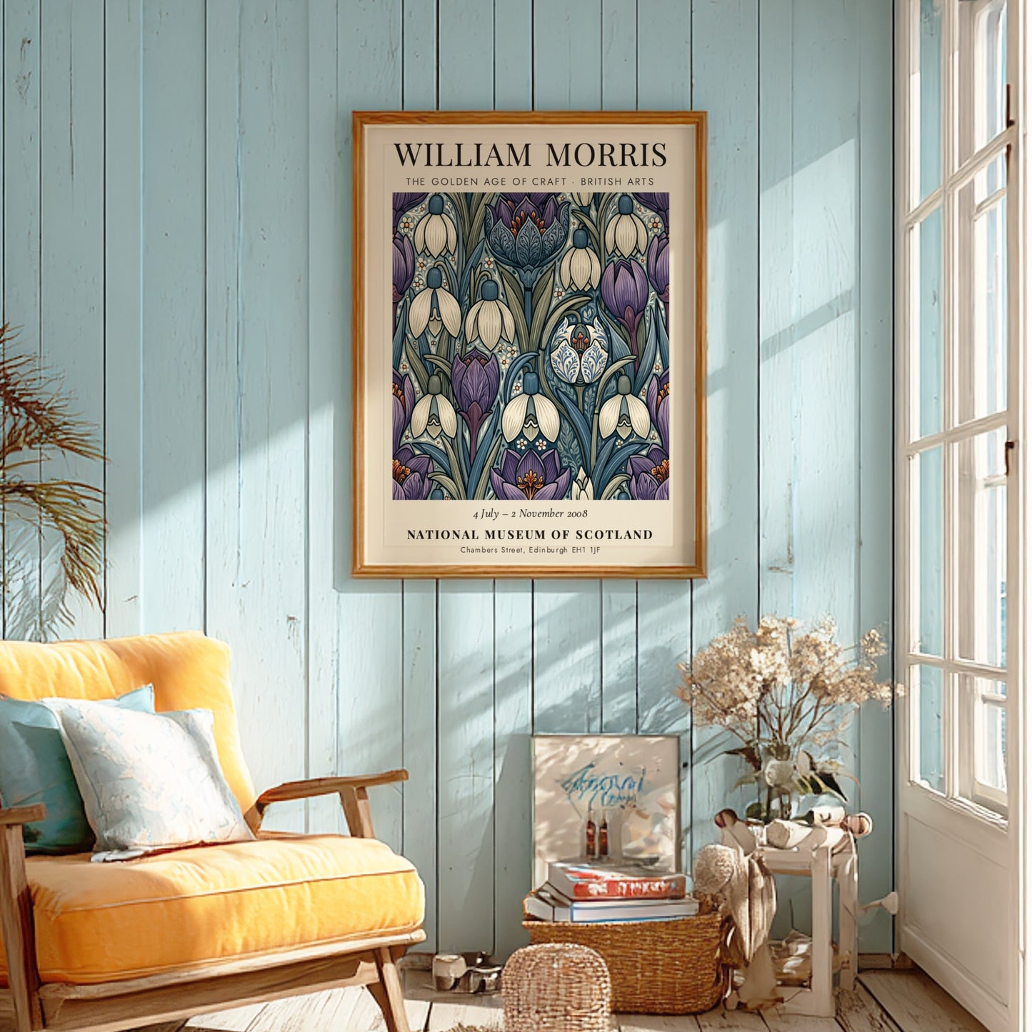 William Morris poster featuring snowdrops and irises in purple and white, showcasing intricate craftsmanship