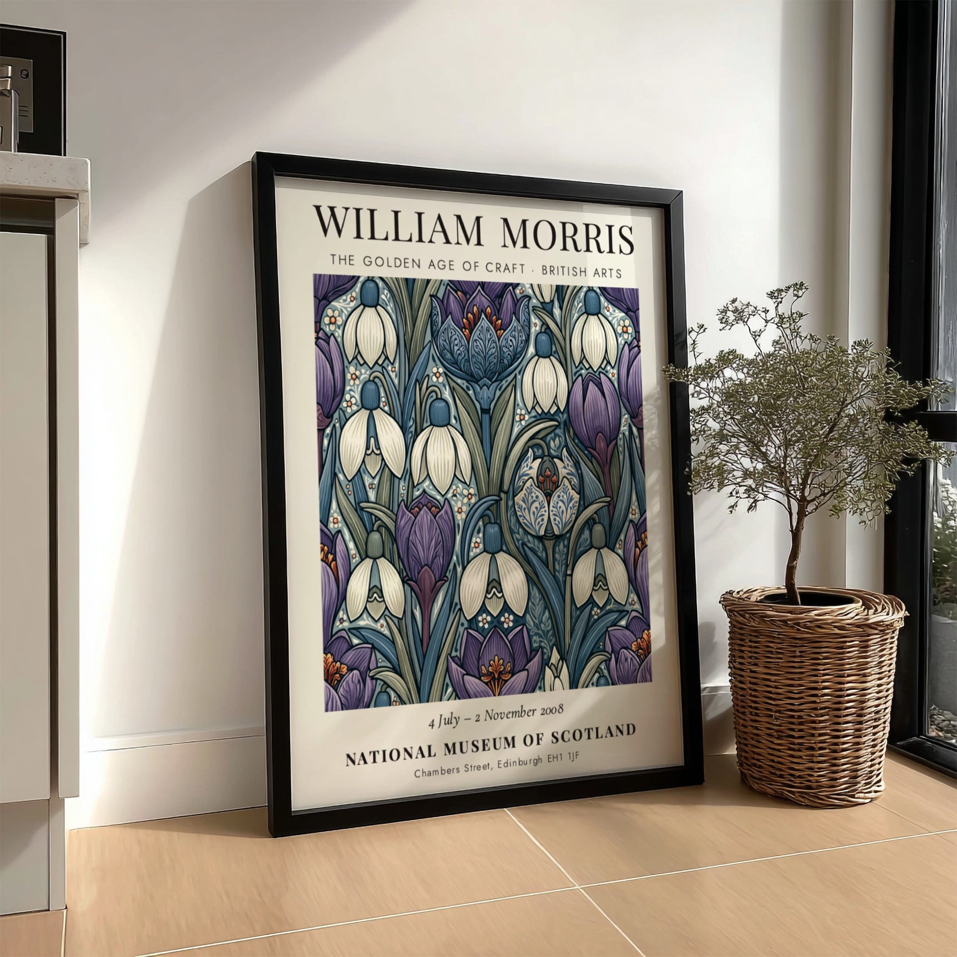 William Morris poster featuring snowdrops and irises in purple and white, showcasing intricate craftsmanship
