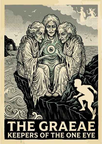 The Graeae Greek Mythology poster featuring three ancient women sharing an eye, in a linocut style with a