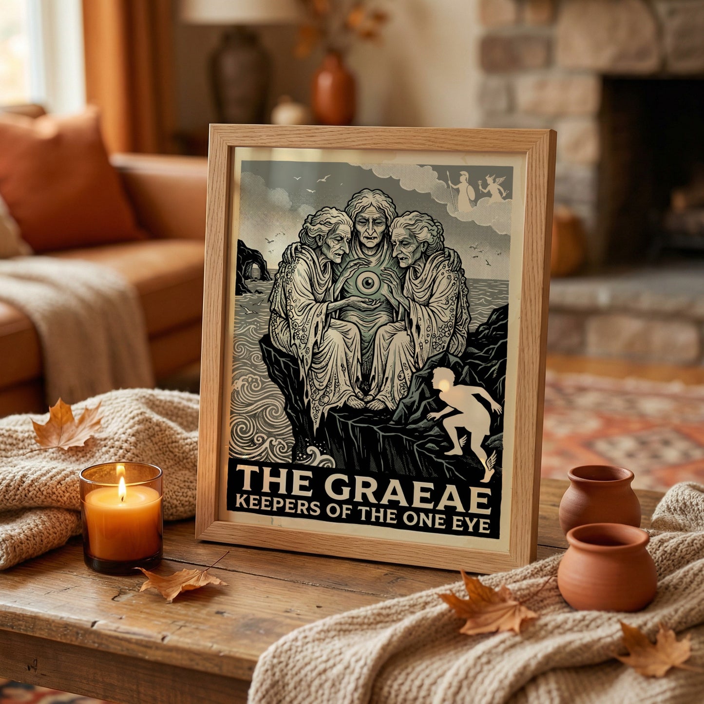 The Graeae Greek Mythology poster featuring three ancient women sharing an eye, in a linocut style with a