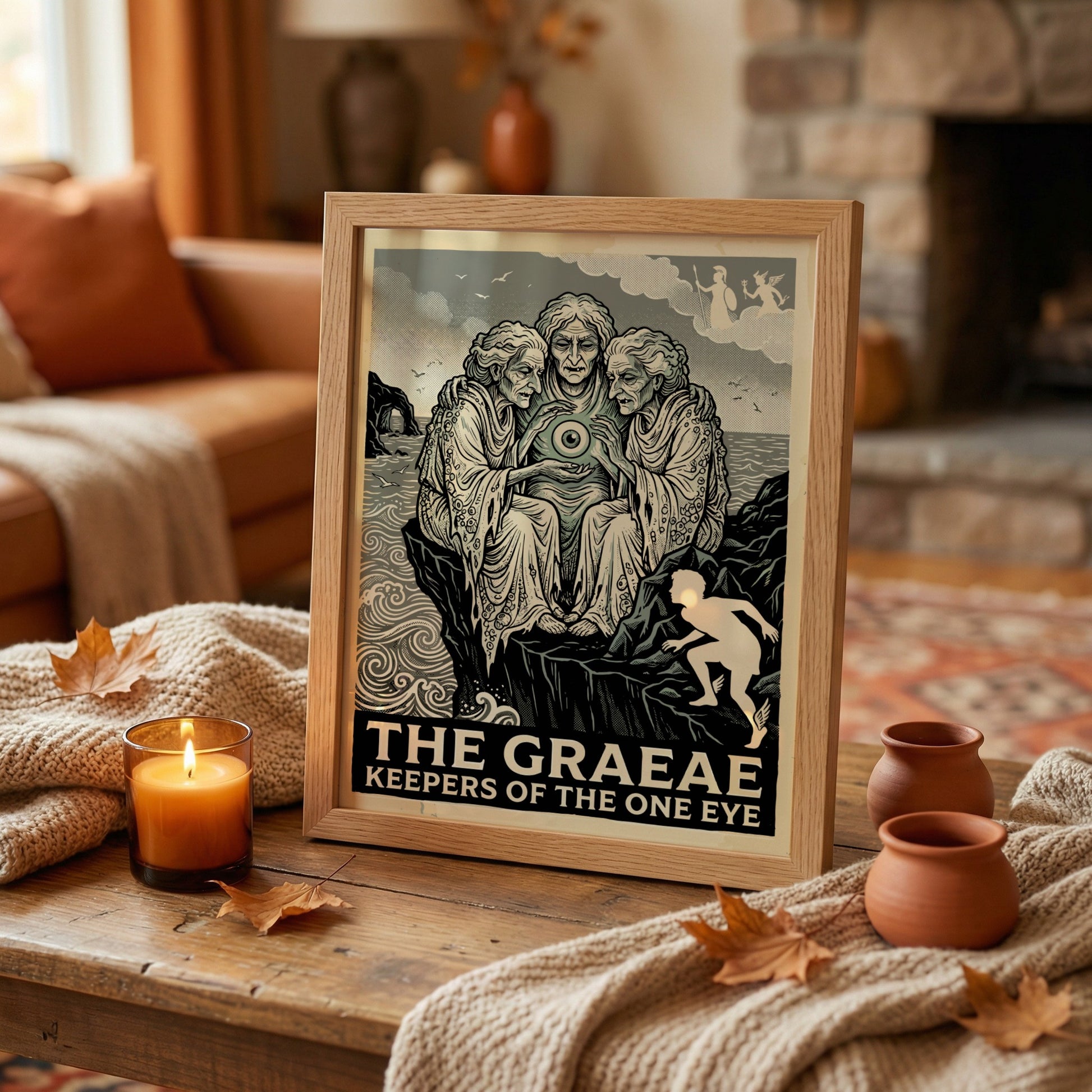 The Graeae Greek Mythology poster featuring three ancient women sharing an eye, in a linocut style with a