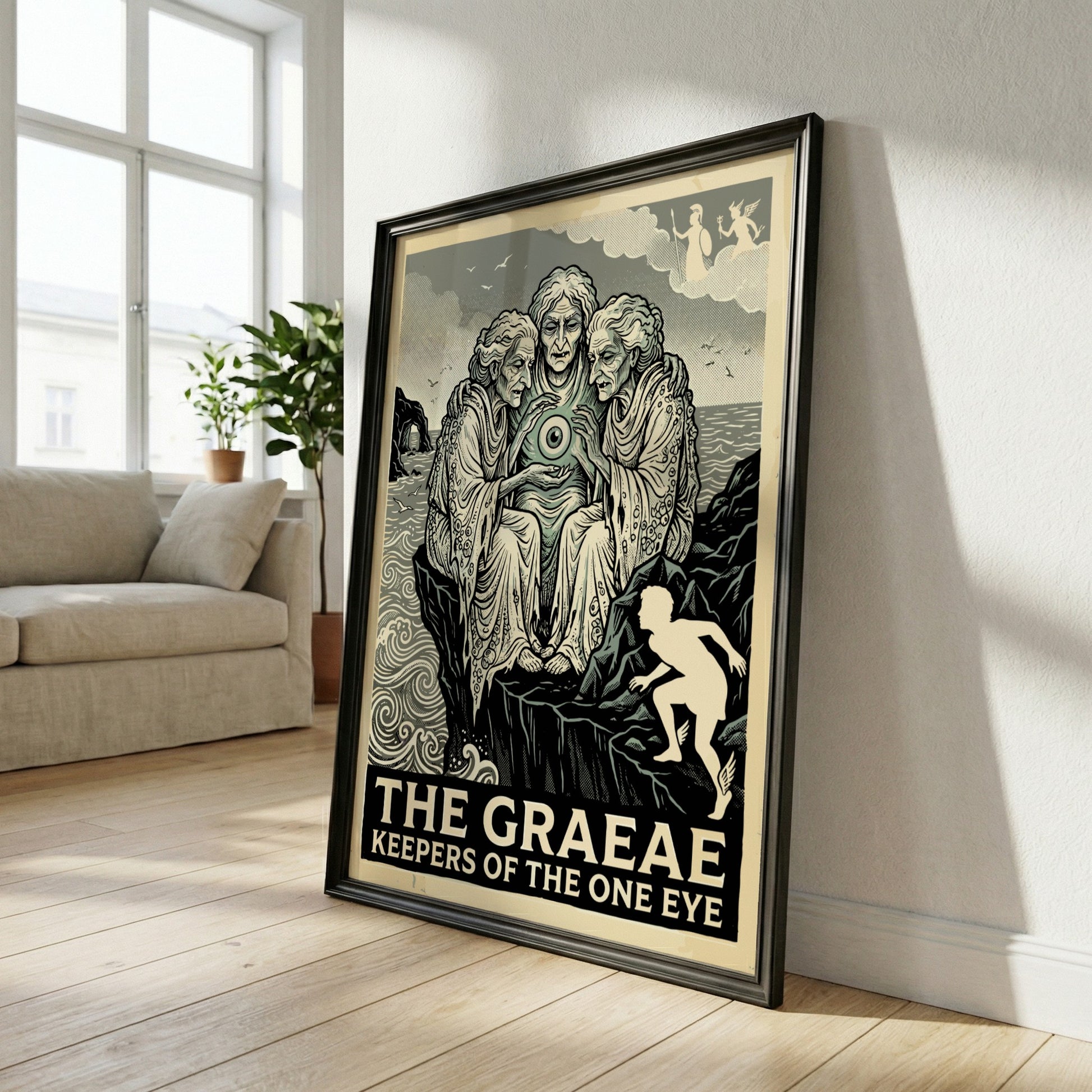 The Graeae Greek Mythology poster featuring three ancient women sharing an eye, in a linocut style with a