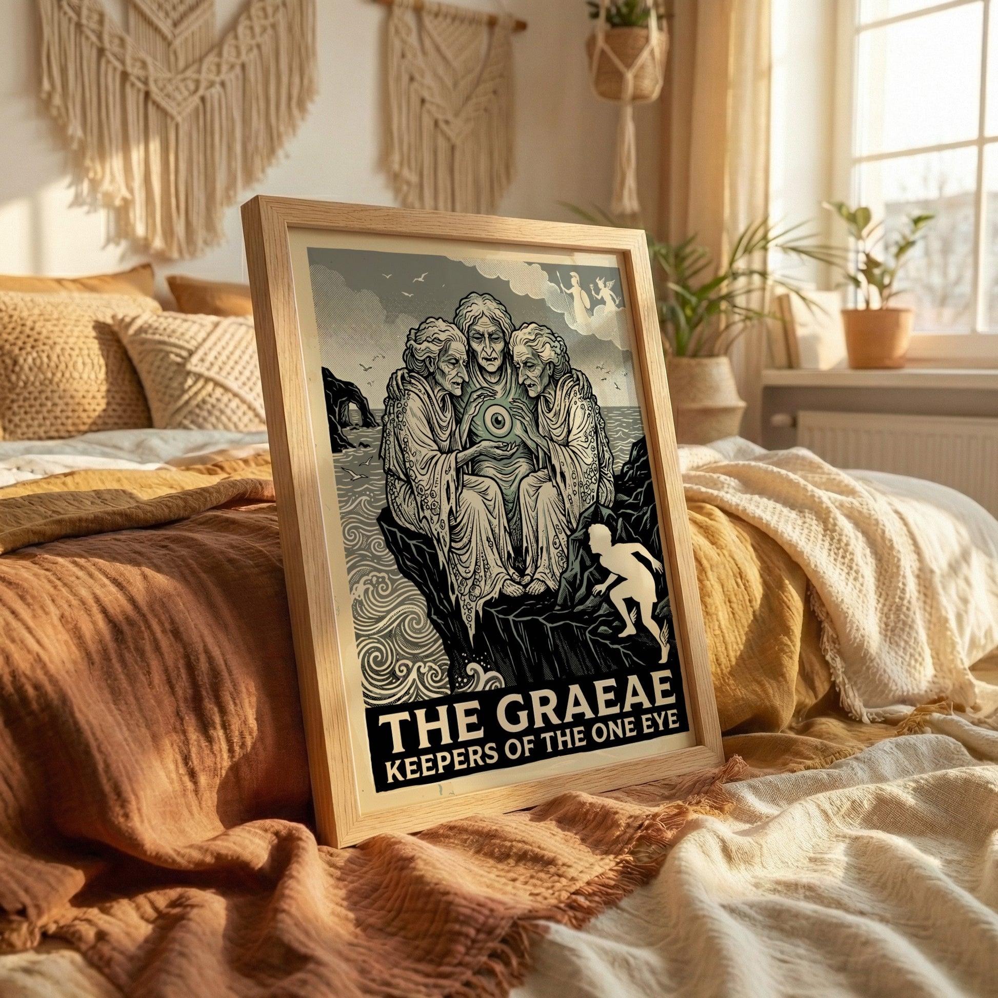 The Graeae Greek Mythology poster featuring three ancient women sharing an eye, in a linocut style with a
