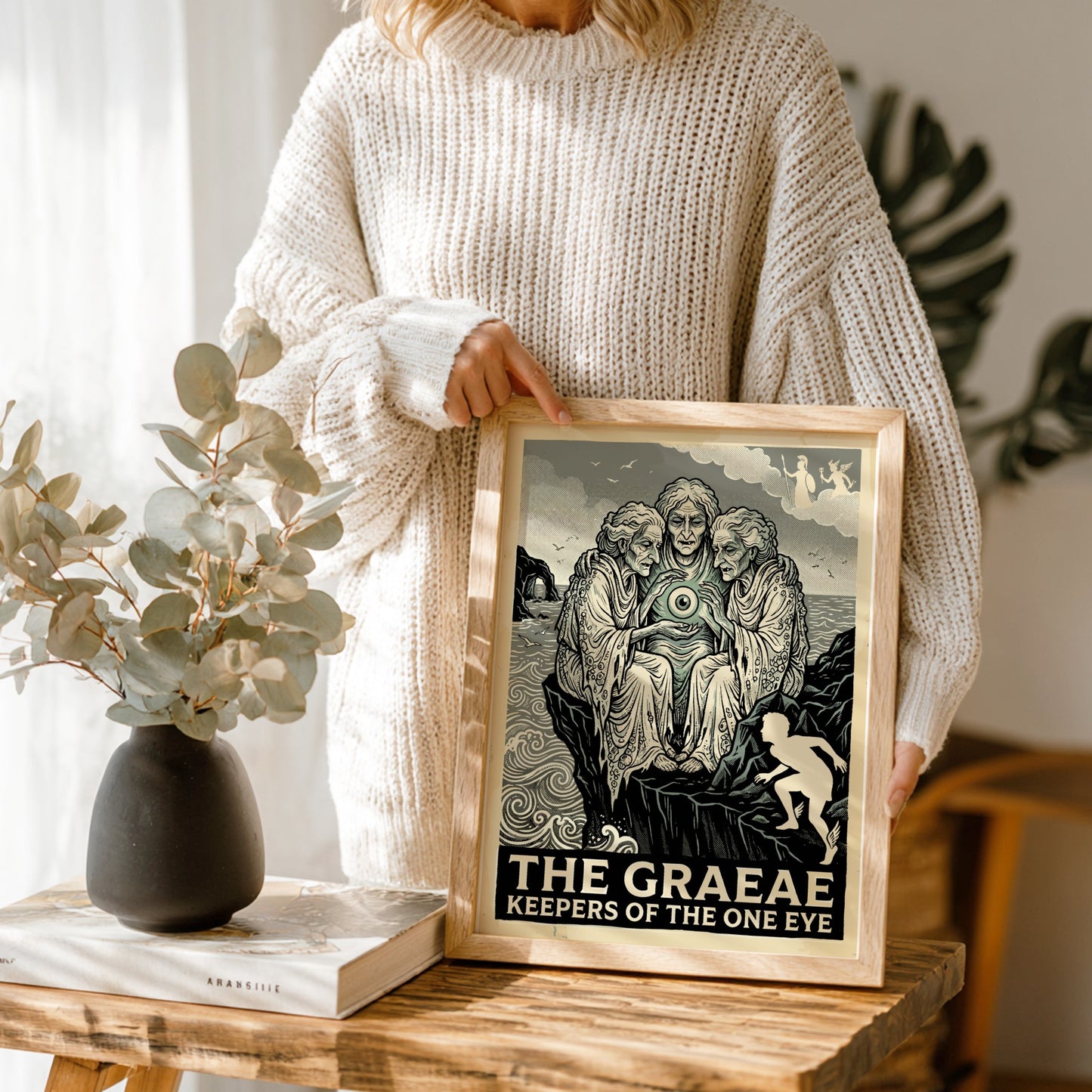 The Graeae Greek Mythology poster featuring three ancient women sharing an eye, in a linocut style with a