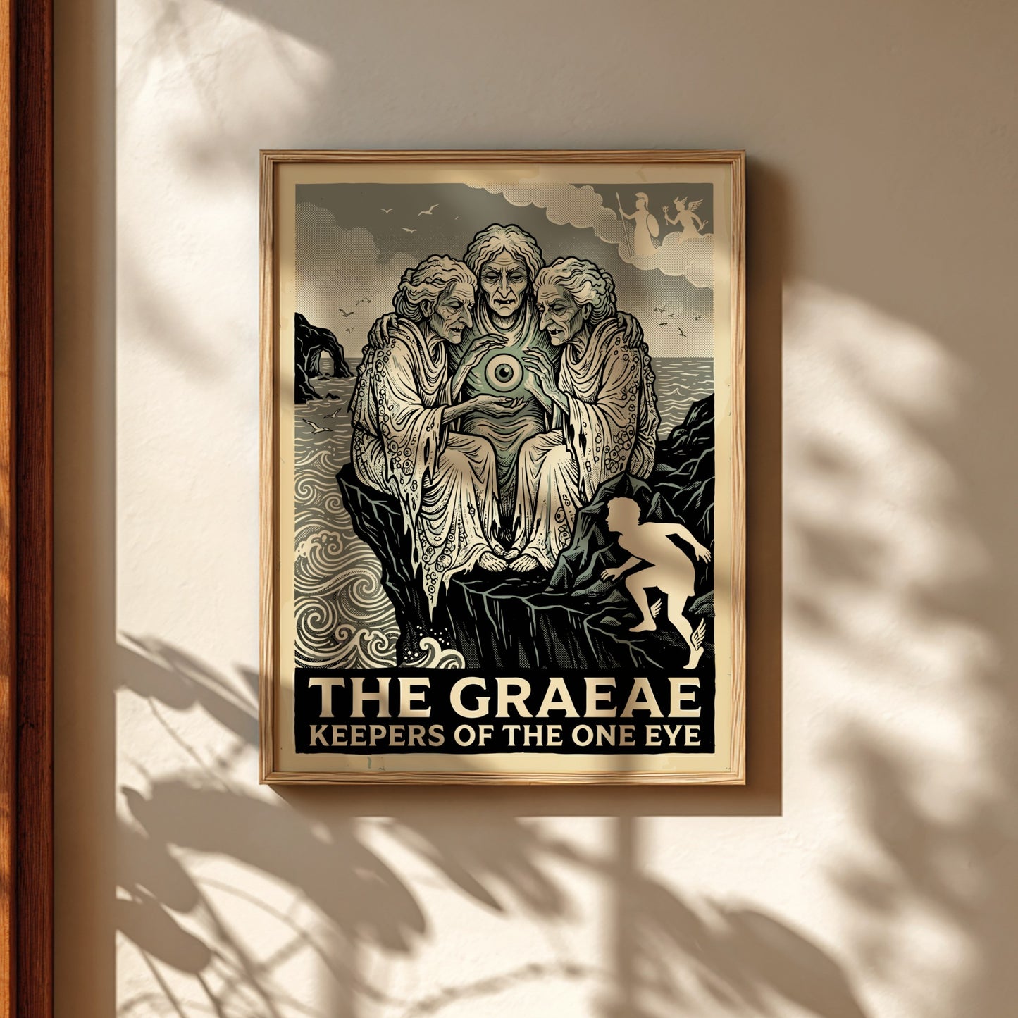 The Graeae Greek Mythology poster featuring three ancient women sharing an eye, in a linocut style with a