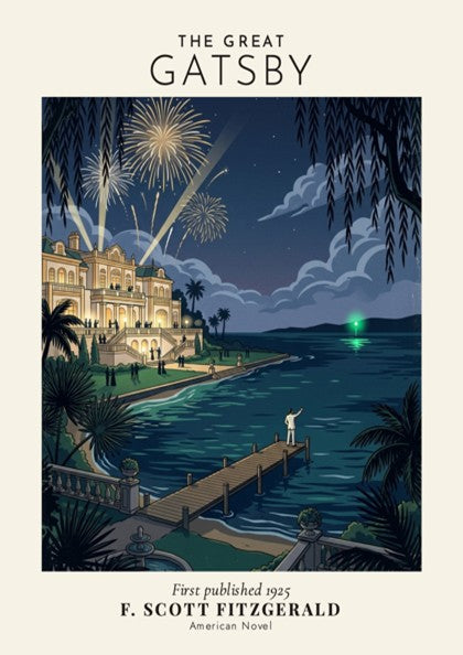 Poster of The Great Gatsby featuring a figure on a pier watching fireworks night