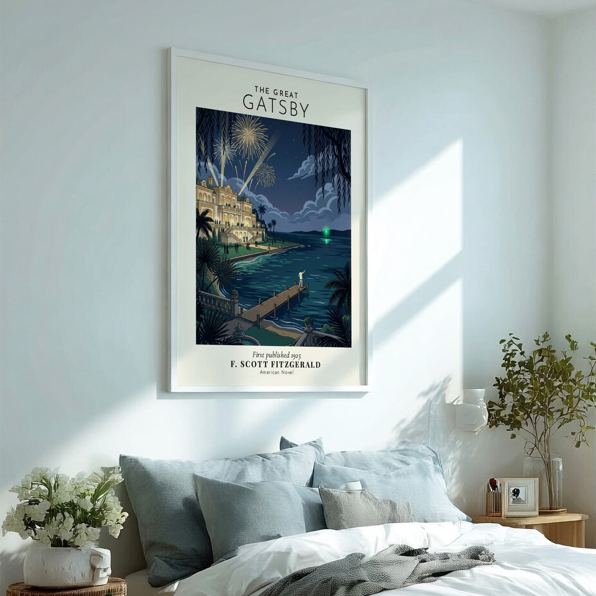 Poster of The Great Gatsby featuring a figure on a pier watching fireworks night
