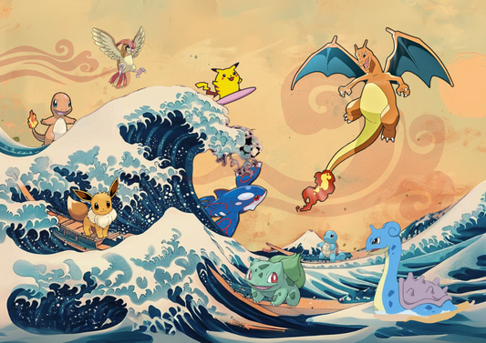 Pokemon on The Great Wave off Kanagawa Landscape Poster: Japanese Tapestry Style Pokemon Anime Poster