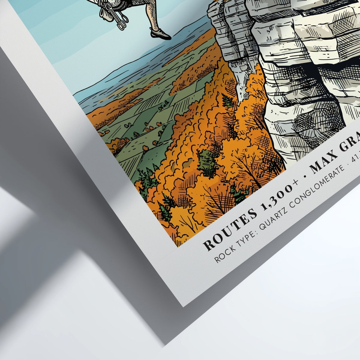 Poster featuring a climber on The Gunks cliffs surrounded by autumn orange trees