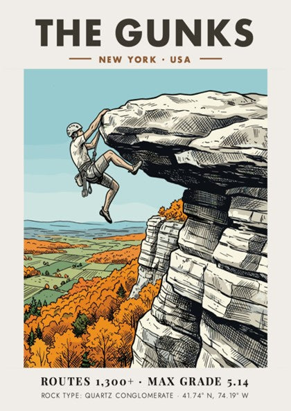 Poster featuring a climber on The Gunks cliffs surrounded by autumn orange trees