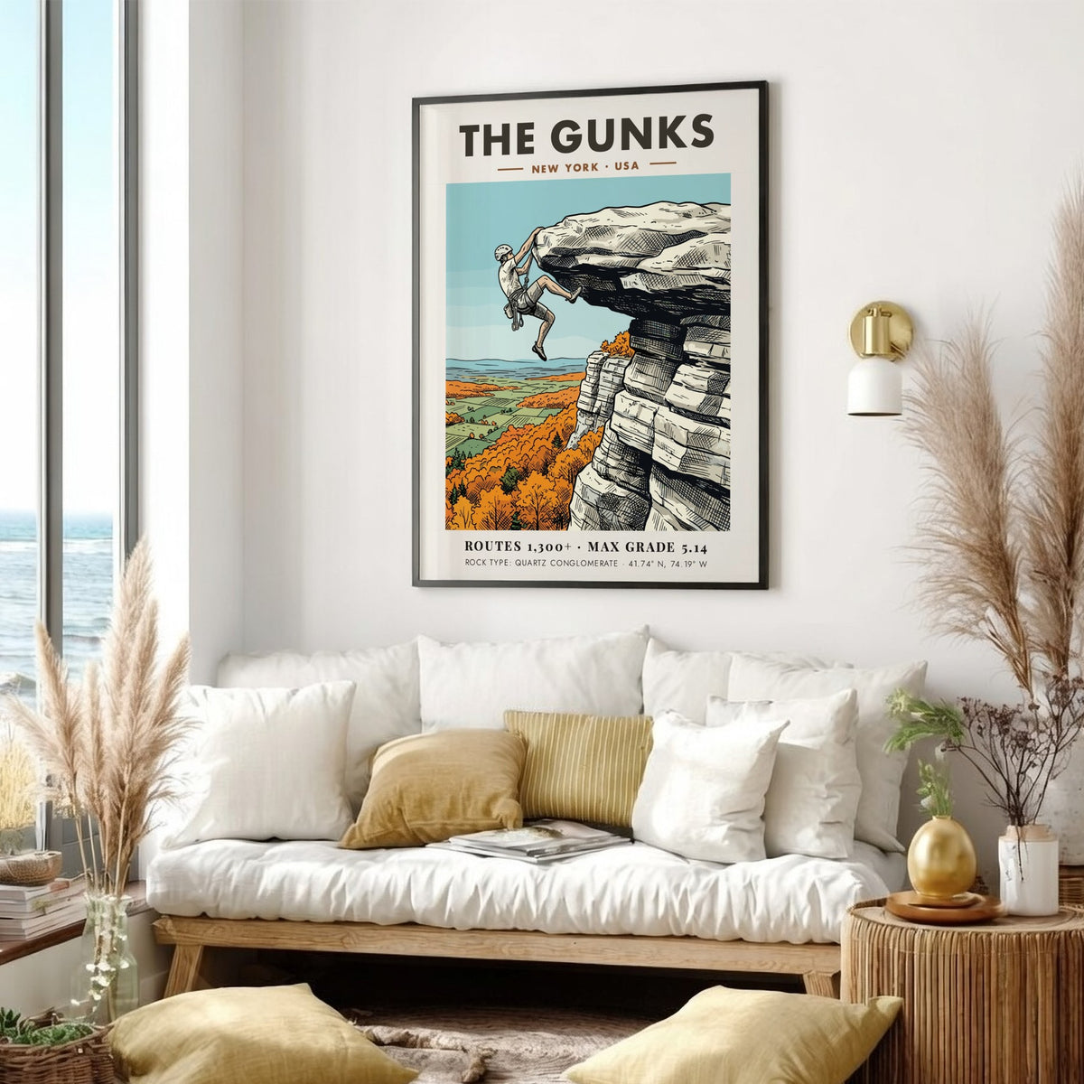 Poster featuring a climber on The Gunks cliffs surrounded by autumn orange trees
