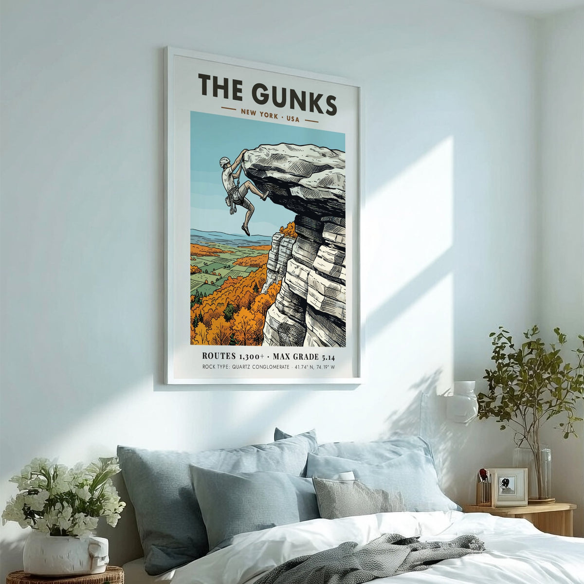 Poster featuring a climber on The Gunks cliffs surrounded by autumn orange trees