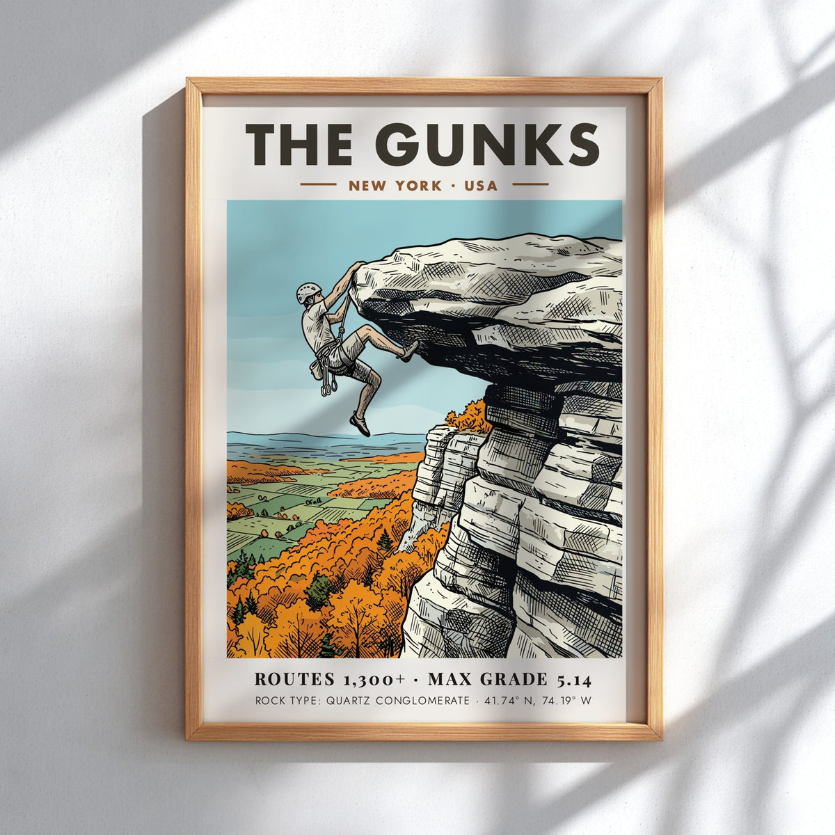 Poster featuring a climber on The Gunks cliffs surrounded by autumn orange trees