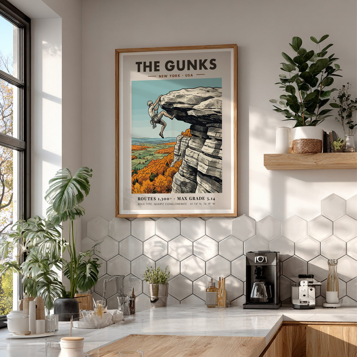 Poster featuring a climber on The Gunks cliffs surrounded by autumn orange trees