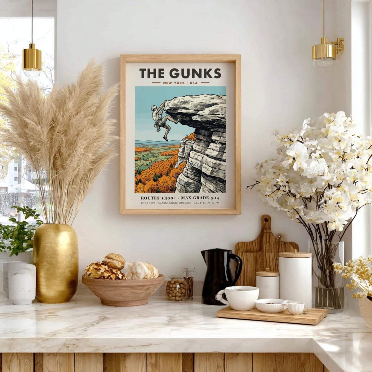 Poster featuring a climber on The Gunks cliffs surrounded by autumn orange trees