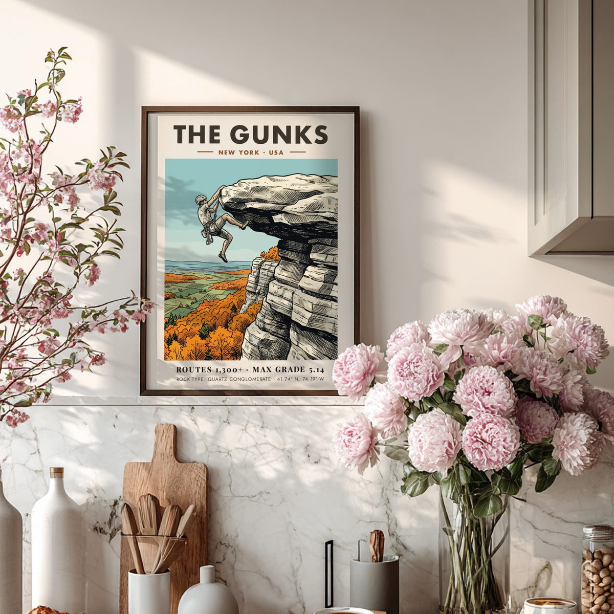 Poster featuring a climber on The Gunks cliffs surrounded by autumn orange trees