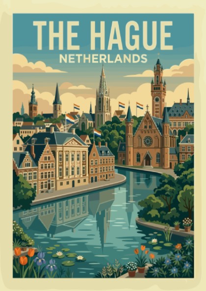 The Hague travel poster featuring a canal, historic buildings, and Dutch flags in a colorful, illustrative