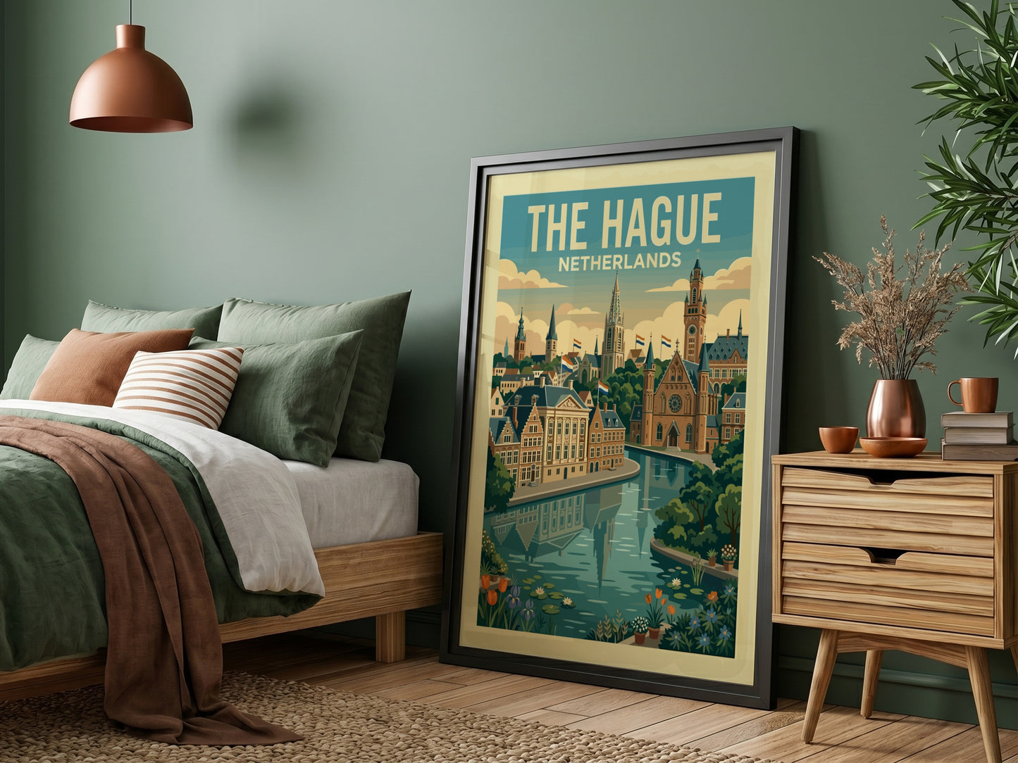 The Hague travel poster featuring a canal, historic buildings, and Dutch flags in a colorful, illustrative