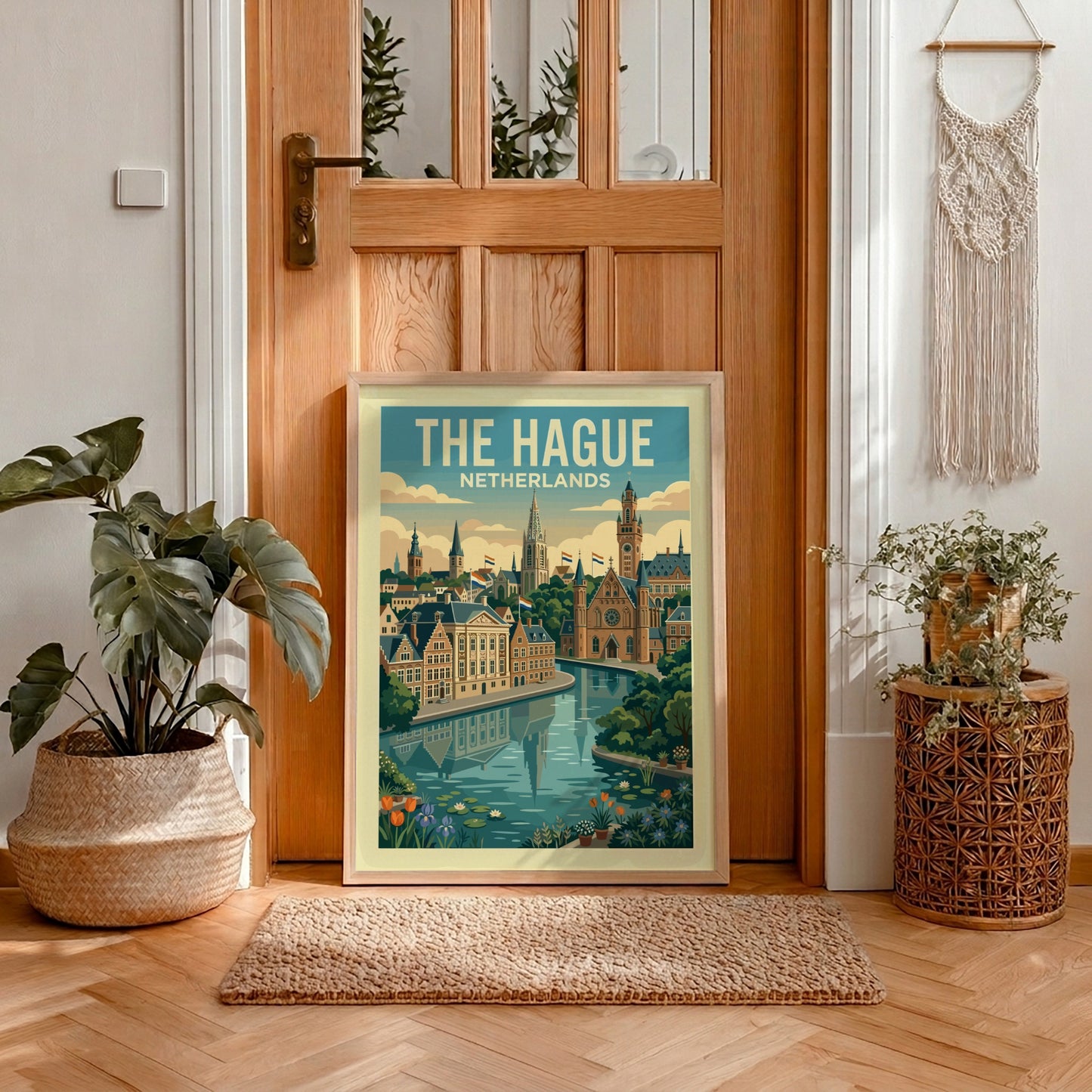 The Hague travel poster featuring a canal, historic buildings, and Dutch flags in a colorful, illustrative