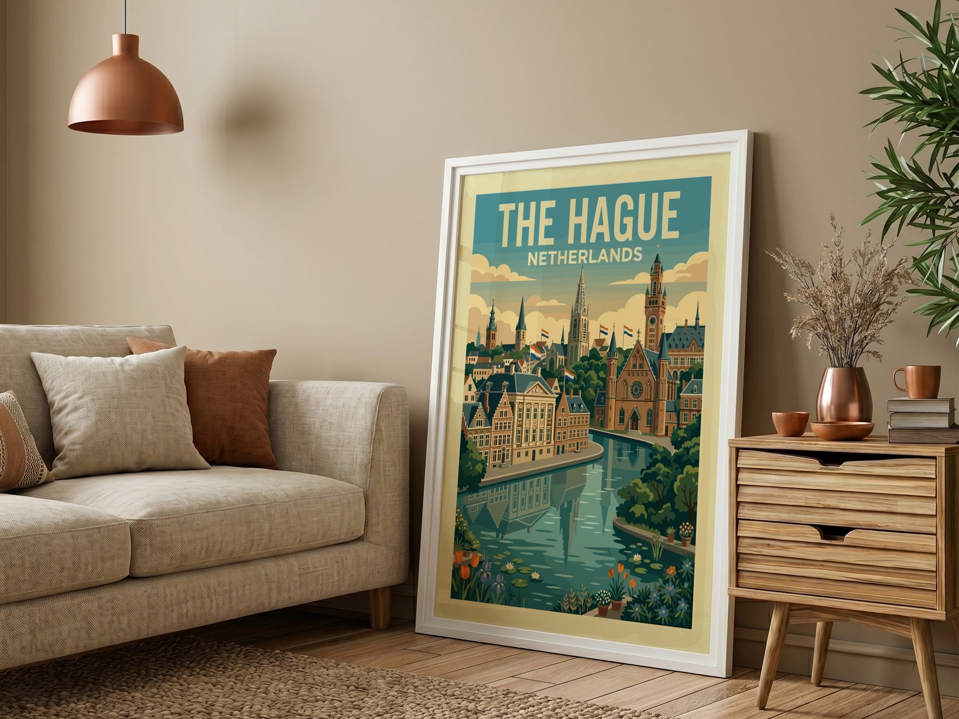 The Hague travel poster featuring a canal, historic buildings, and Dutch flags in a colorful, illustrative
