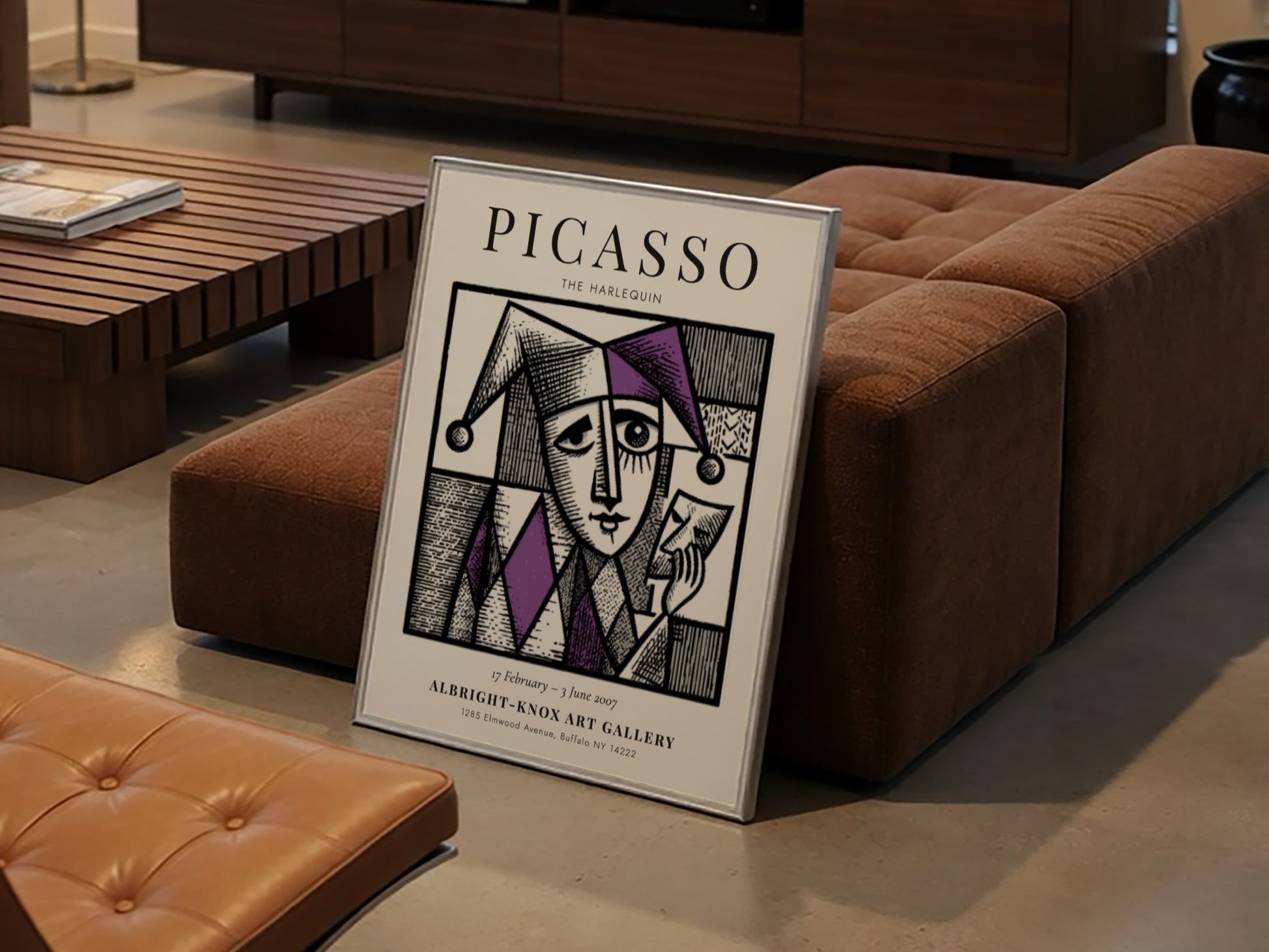 Picasso inspired poster featuring The Harlequin in purple and black geometric design