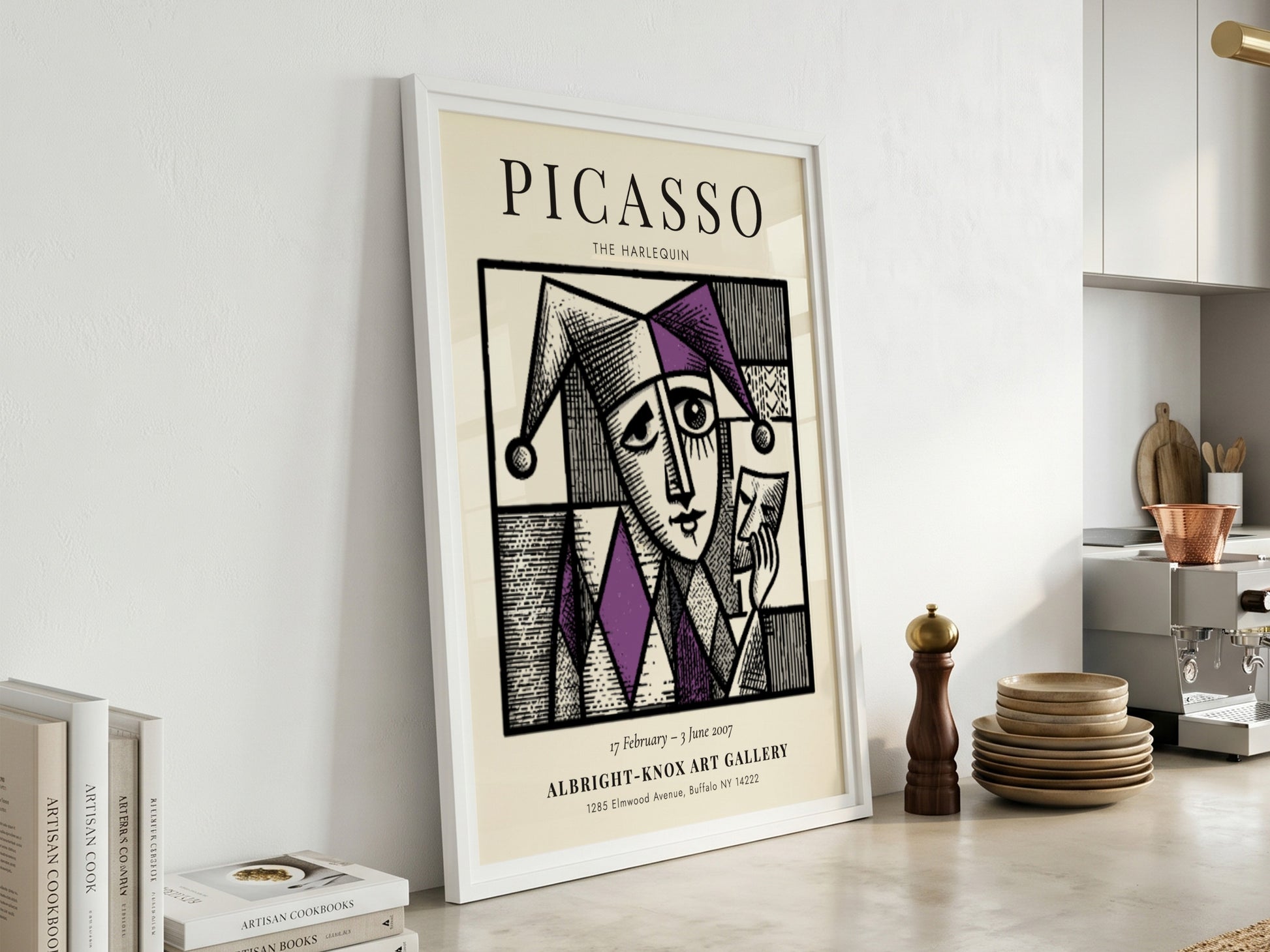 Picasso inspired poster featuring The Harlequin in purple and black geometric design
