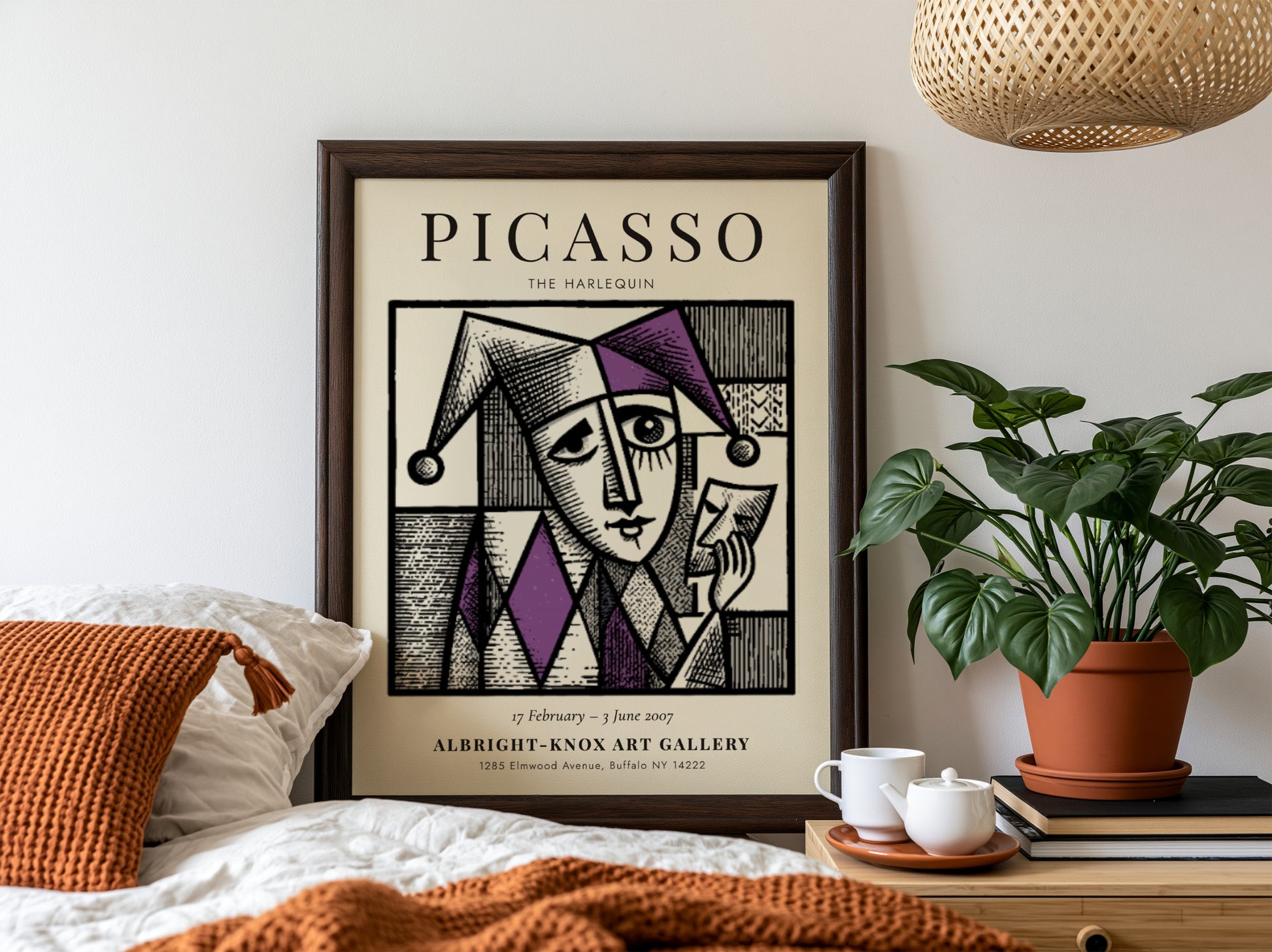 Picasso inspired poster featuring The Harlequin in purple and black geometric design
