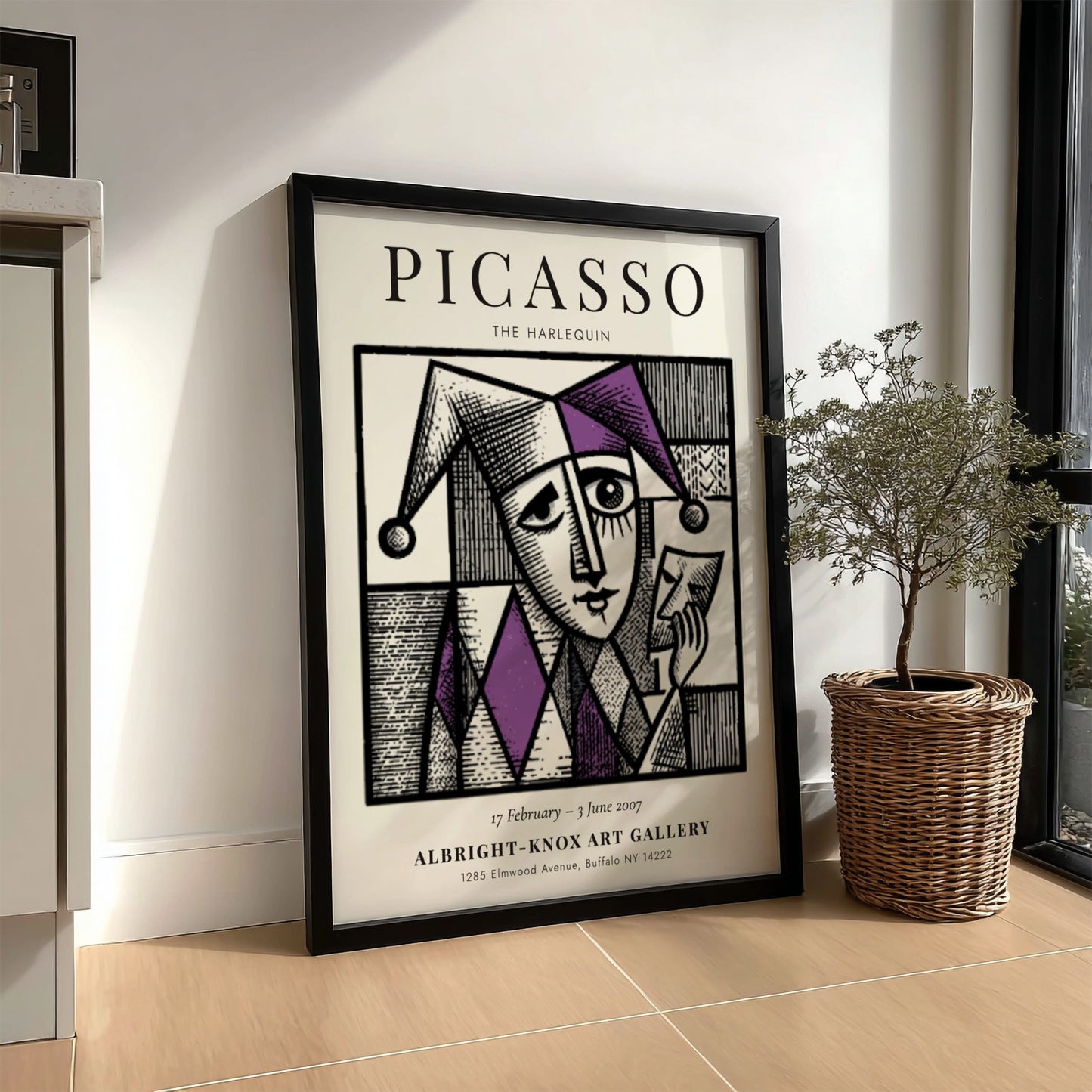 Picasso inspired poster featuring The Harlequin in purple and black geometric design