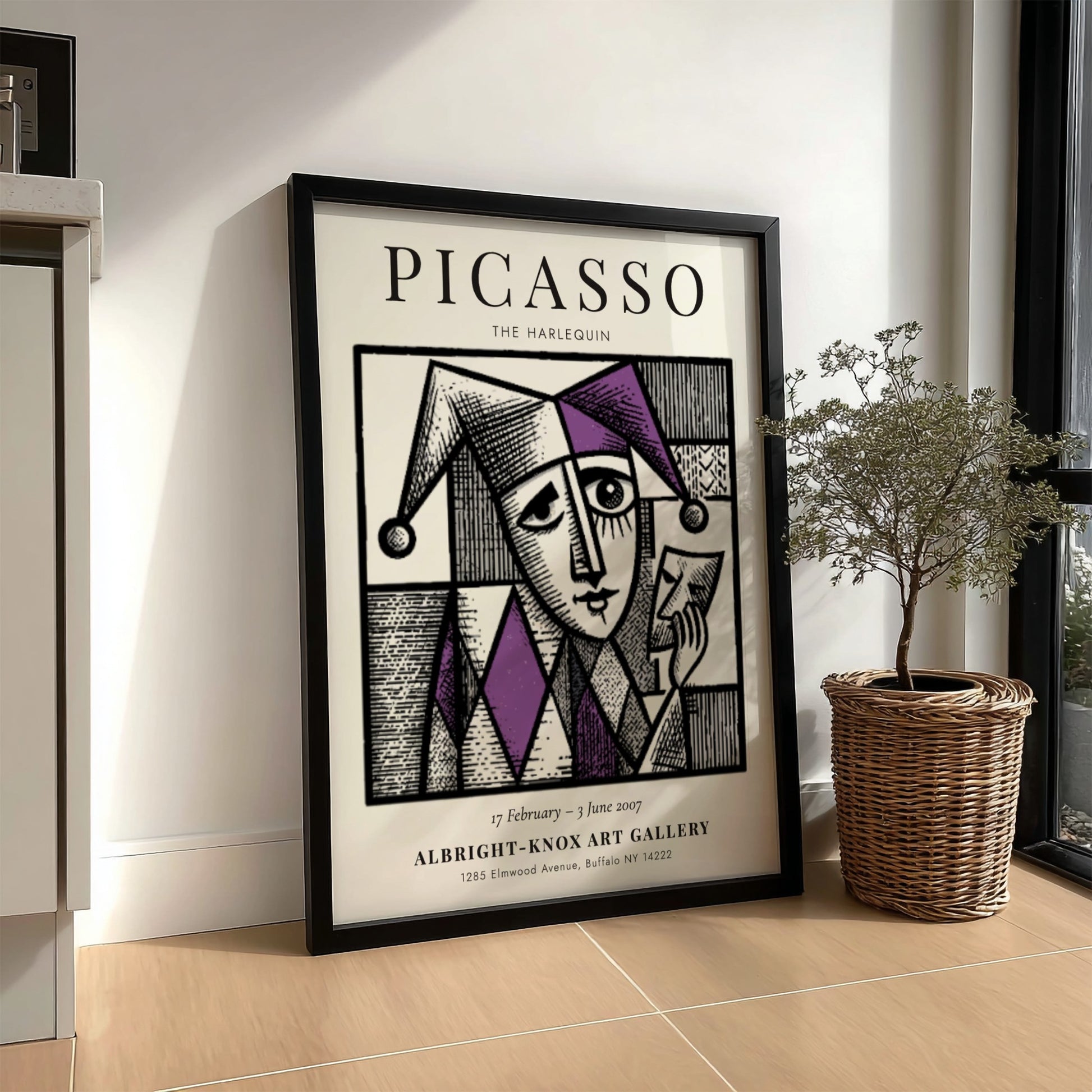 Picasso inspired poster featuring The Harlequin in purple and black geometric design