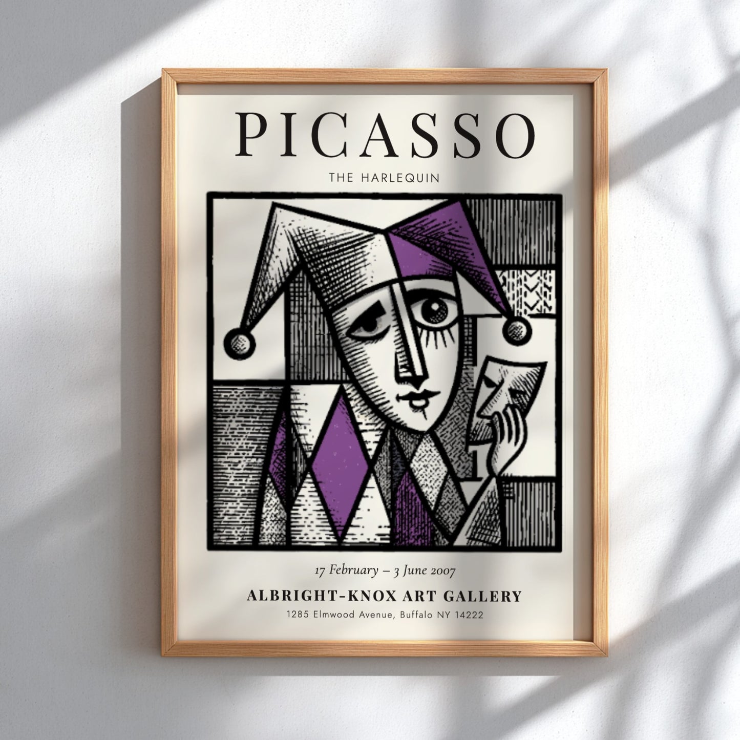 Picasso inspired poster featuring The Harlequin in purple and black geometric design