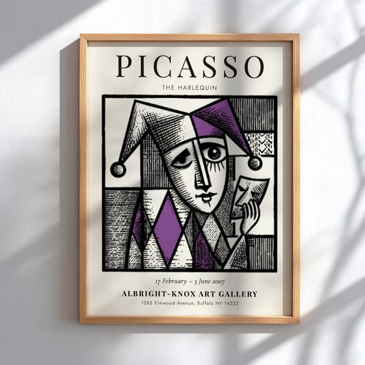 Picasso inspired poster featuring The Harlequin in purple and black geometric design