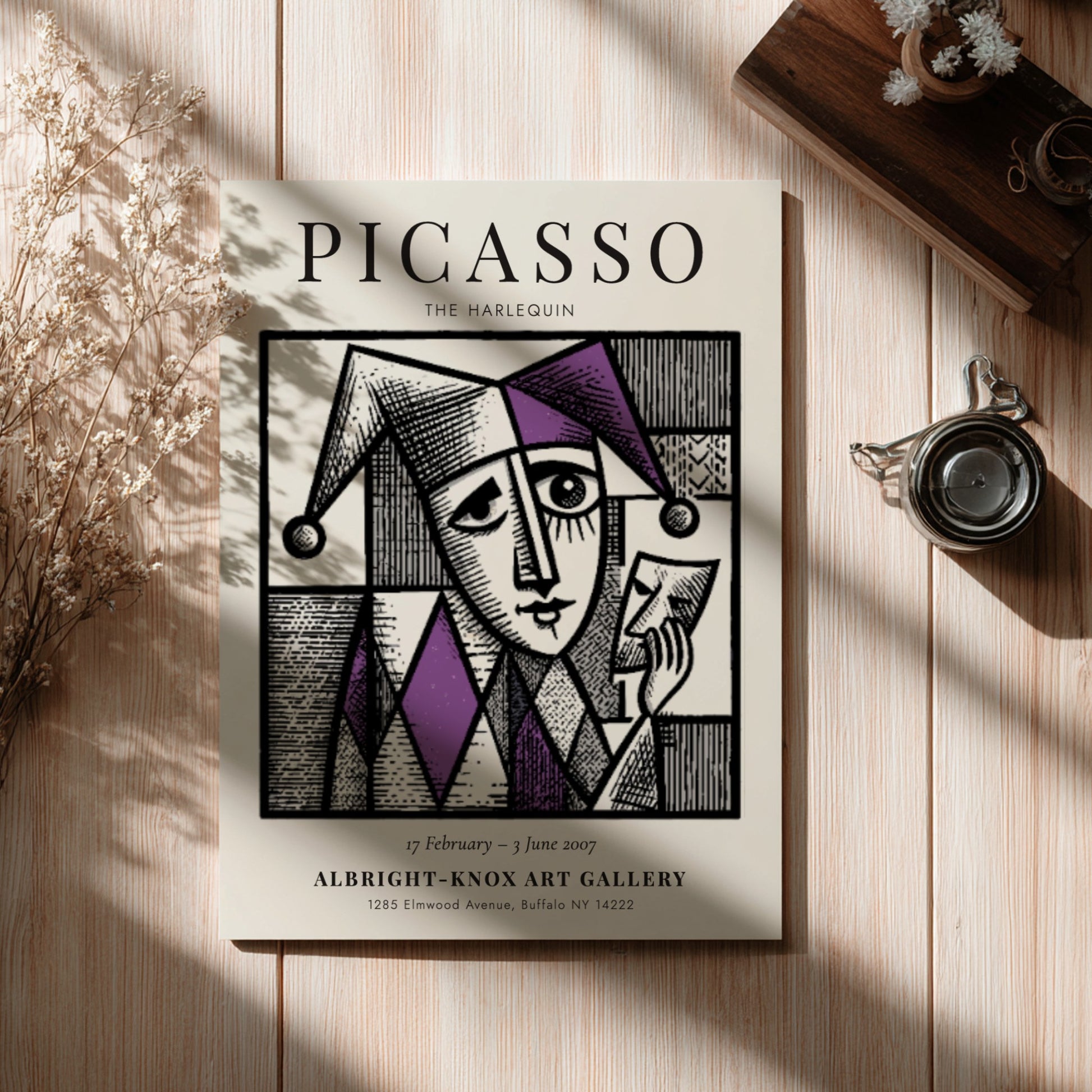 Picasso inspired poster featuring The Harlequin in purple and black geometric design