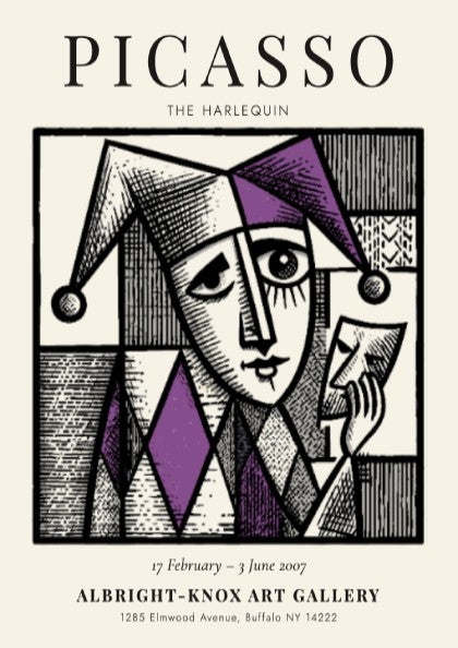 Picasso inspired poster featuring The Harlequin in purple and black geometric design