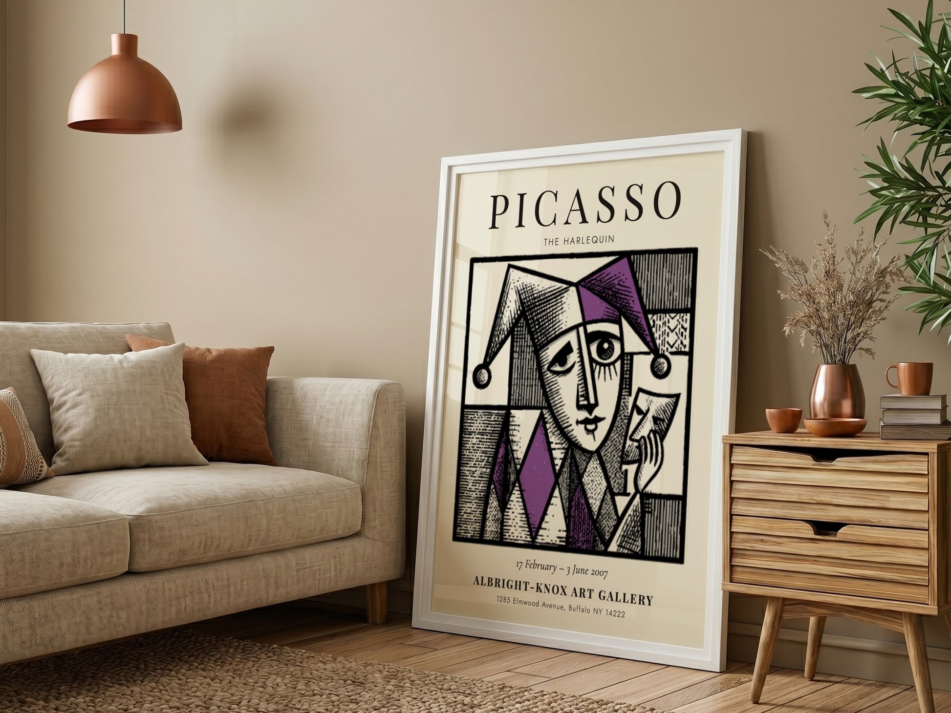 Picasso inspired poster featuring The Harlequin in purple and black geometric design